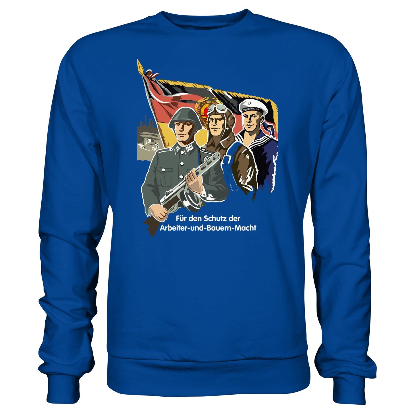 DDR Ostalgie Pullover Unisex • FÜR DEN SCHUTZ DER ARBEITER-UND-BAUERN-MACHT (NVA ORIGINAL-PLAKAT)