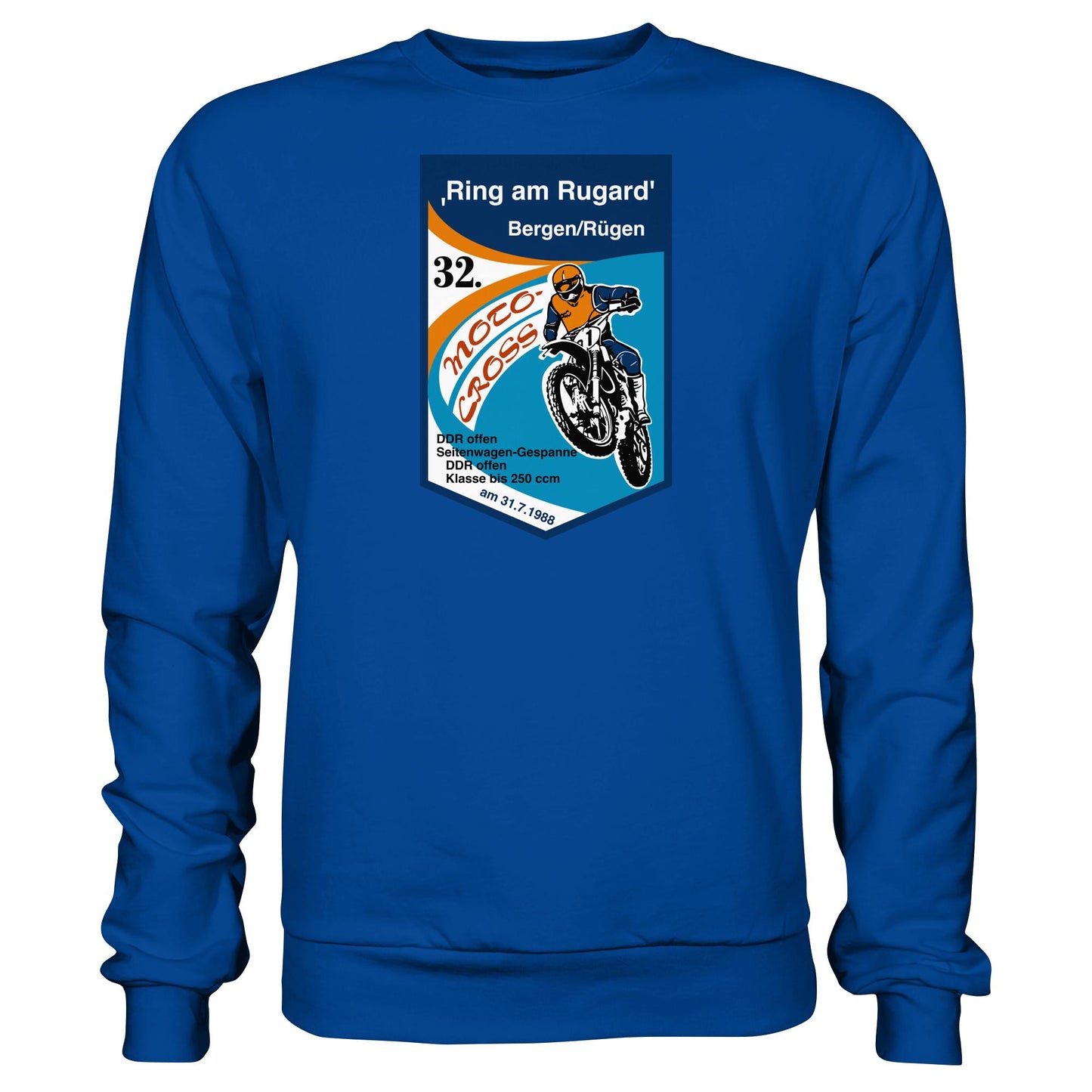 DDR Ostalgie Pullover Unisex • RING AM RUGARD, RÜGEN 32. MOTO-CROSS-RENNEN 1988 (ORIGINAL-WIMPEL)