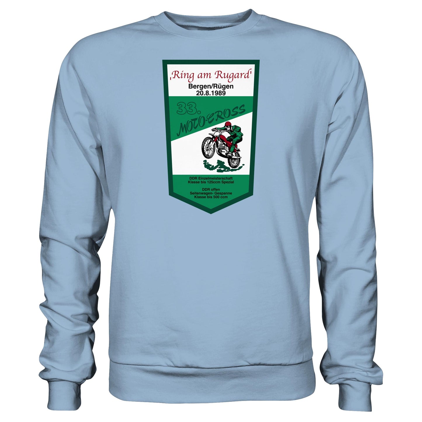 DDR Ostalgie Pullover Unisex • RING AM RUGARD, RÜGEN 33. MOTO-CROSS-RENNEN 1989 (ORIGINAL-WIMPEL)