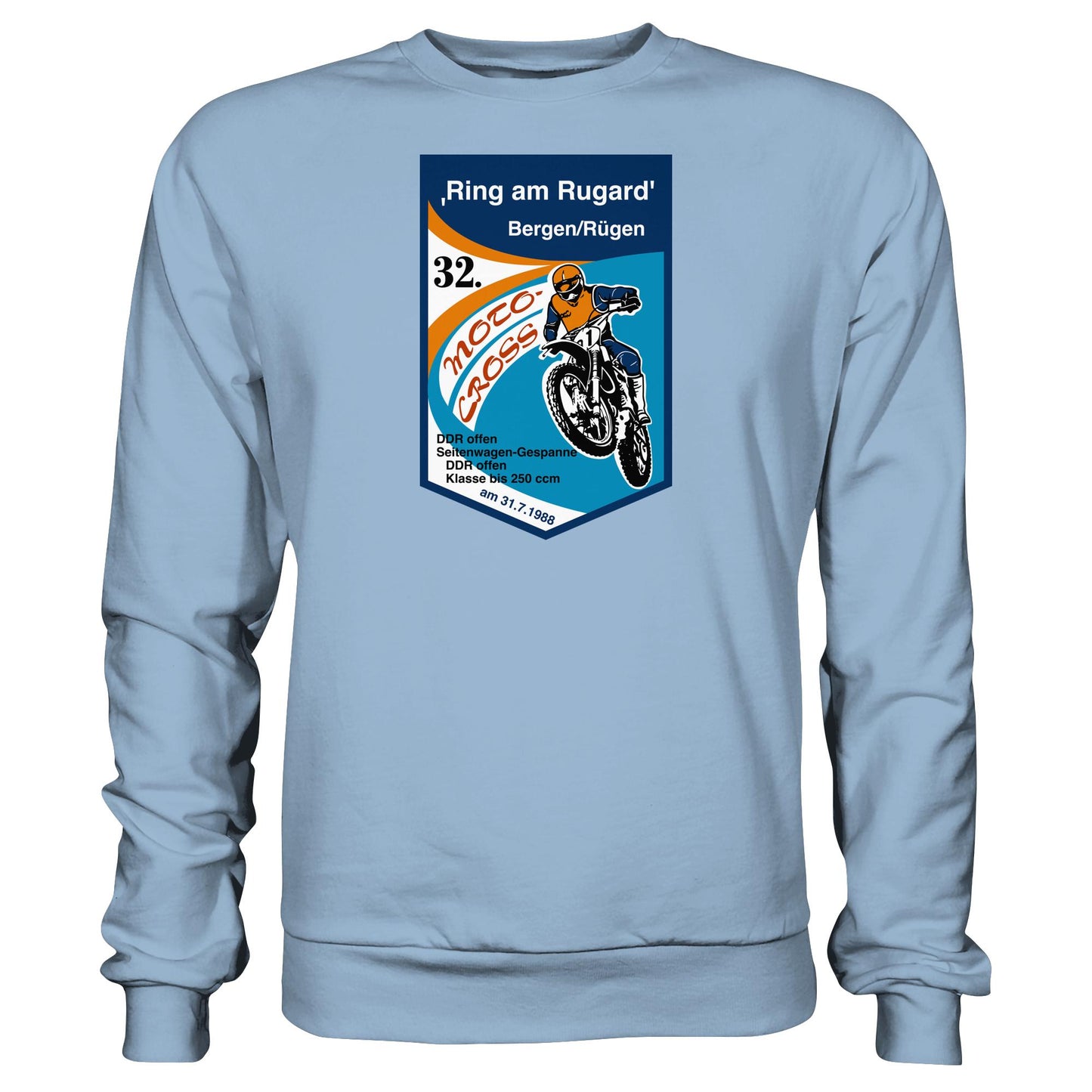 DDR Ostalgie Pullover Unisex • RING AM RUGARD, RÜGEN 32. MOTO-CROSS-RENNEN 1988 (ORIGINAL-WIMPEL)