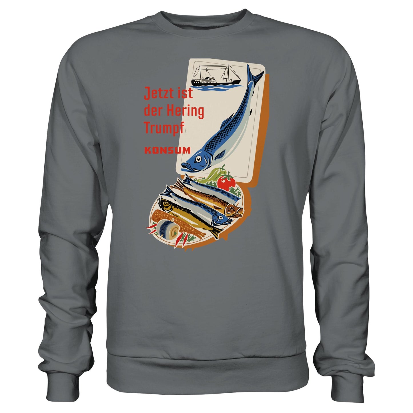 DDR Ostalgie Pullover Unisex • JETZT IST DER HERING TRUMPF (ORIGINAL KONSUM-PLAKAT)