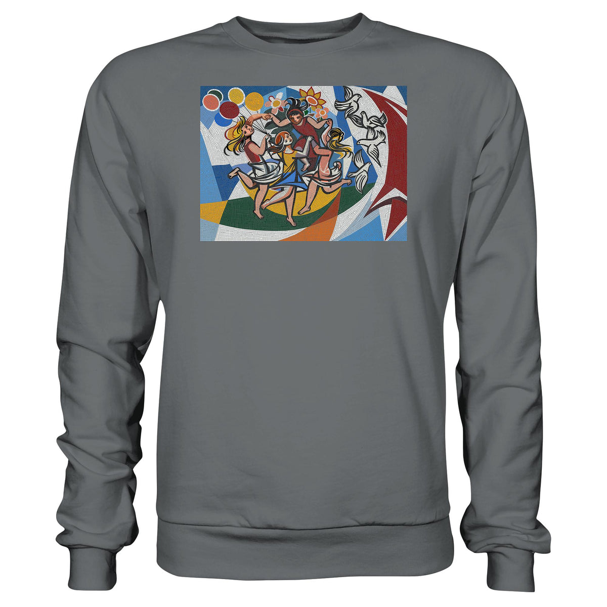 DDR Ostalgie Pullover Unisex • WALTER WOMACKA - TANZENDE MÄDCHEN MIT FRIEDENSTAUBEN MIT MOSAIK-HINTERGRUND (HAUS DES LEHRERS, 1964)