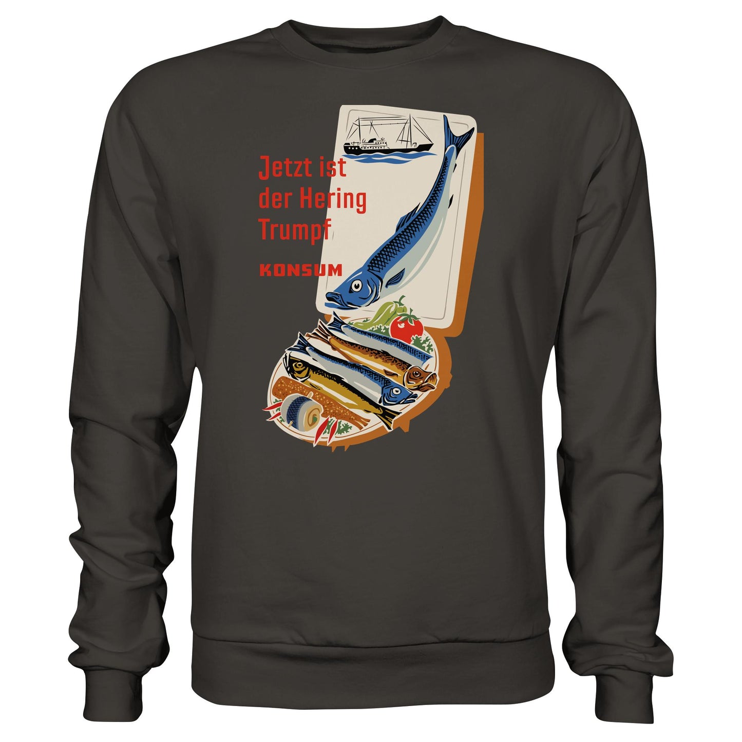 DDR Ostalgie Pullover Unisex • JETZT IST DER HERING TRUMPF (ORIGINAL KONSUM-PLAKAT)
