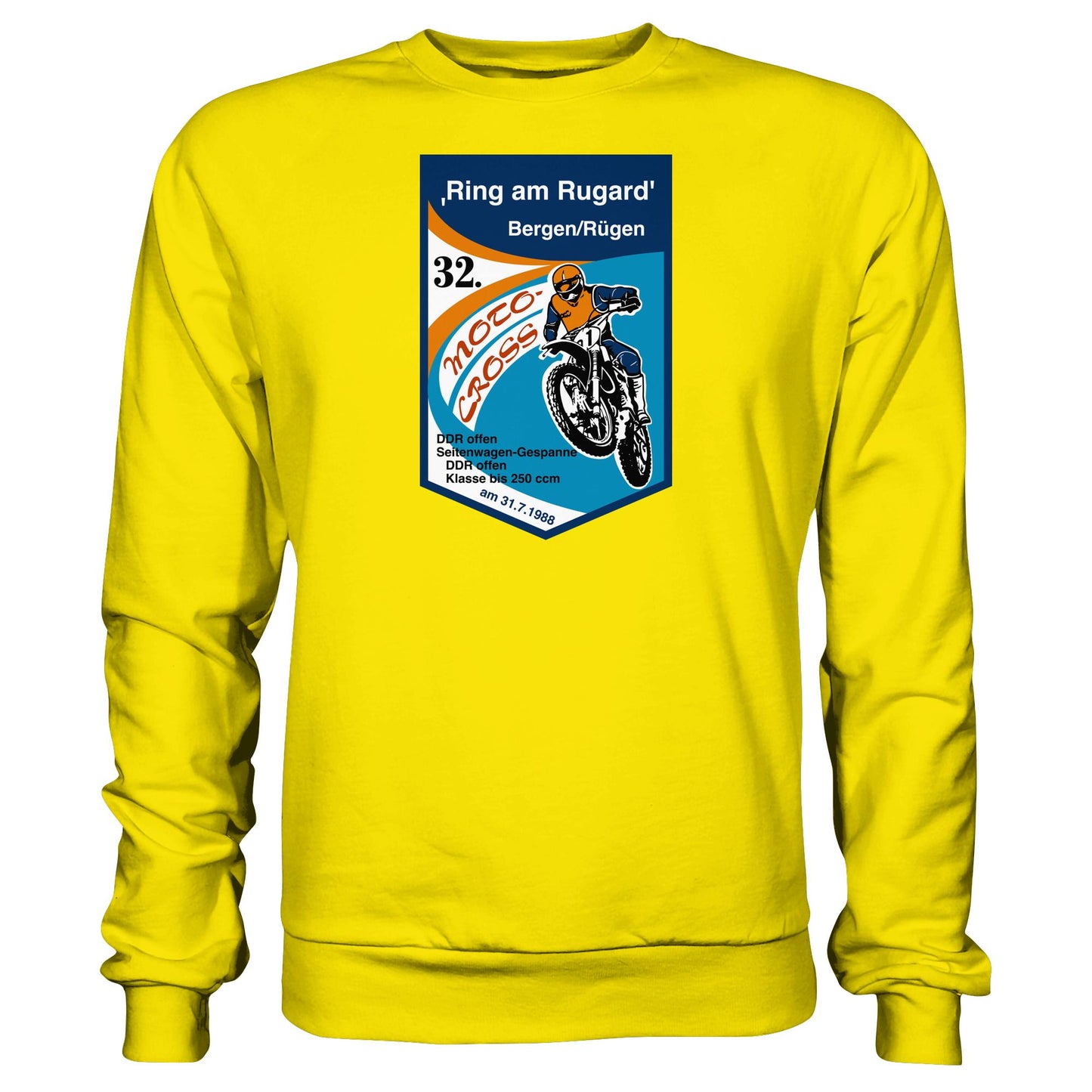 DDR Ostalgie Pullover Unisex • RING AM RUGARD, RÜGEN 32. MOTO-CROSS-RENNEN 1988 (ORIGINAL-WIMPEL)