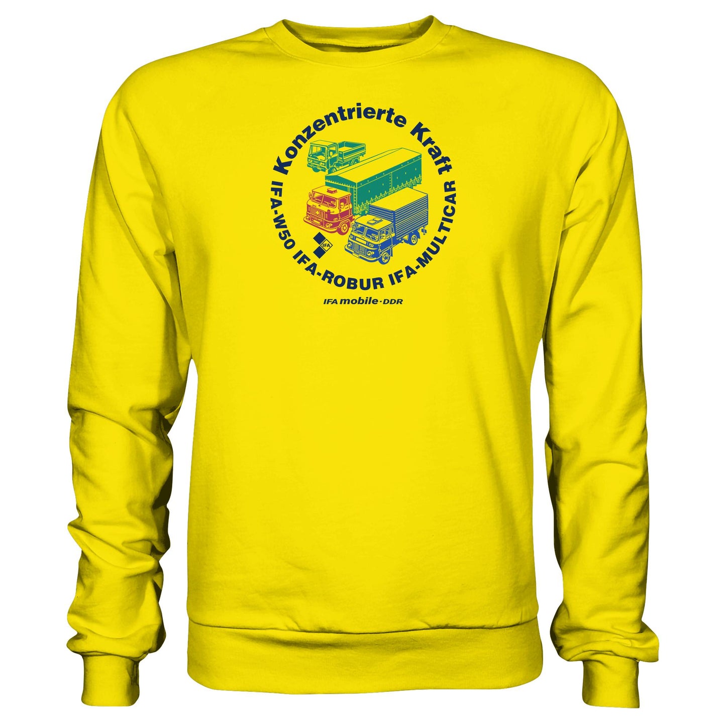 DDR Ostalgie Pullover Unisex • IFA KONZENTRIERTE KRAFT - W50, ROBUR, MULTICAR (ORIGINAL WIMPELMOTIV)