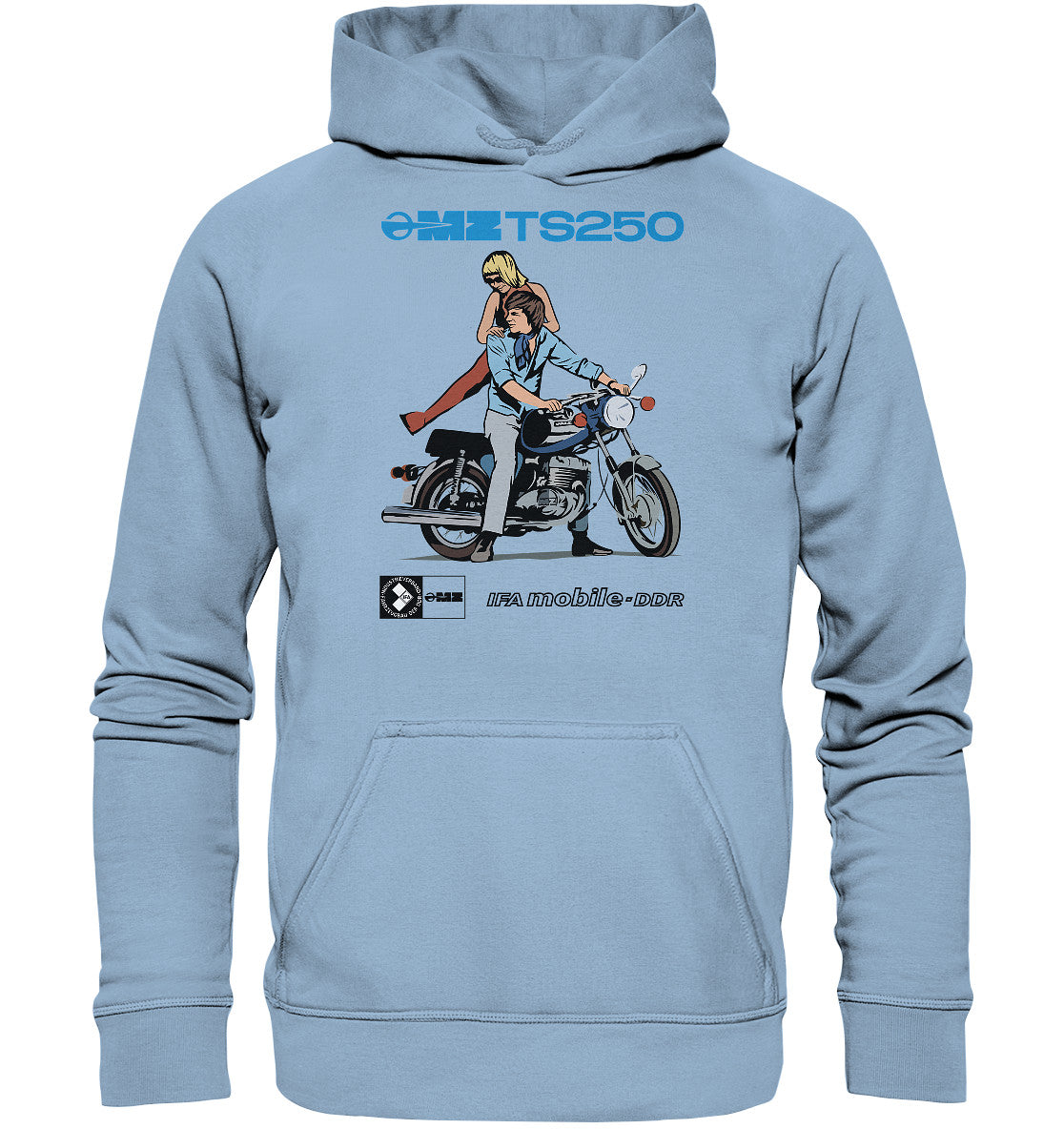 DDR Ostalgie Kapuze / Hoodie Unisex • MZ TS 250 BLAU (ORIGINAL DDR-PLAKAT)