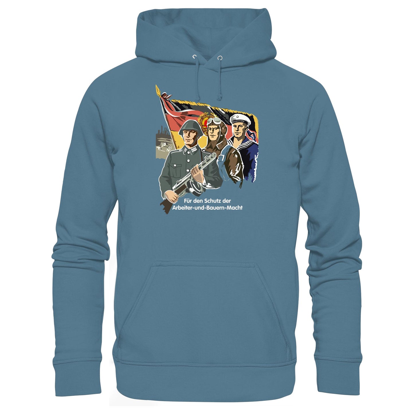 DDR Ostalgie Kapuze / Hoodie Unisex • FÜR DEN SCHUTZ DER ARBEITER-UND-BAUERN-MACHT (NVA ORIGINAL-PLAKAT)