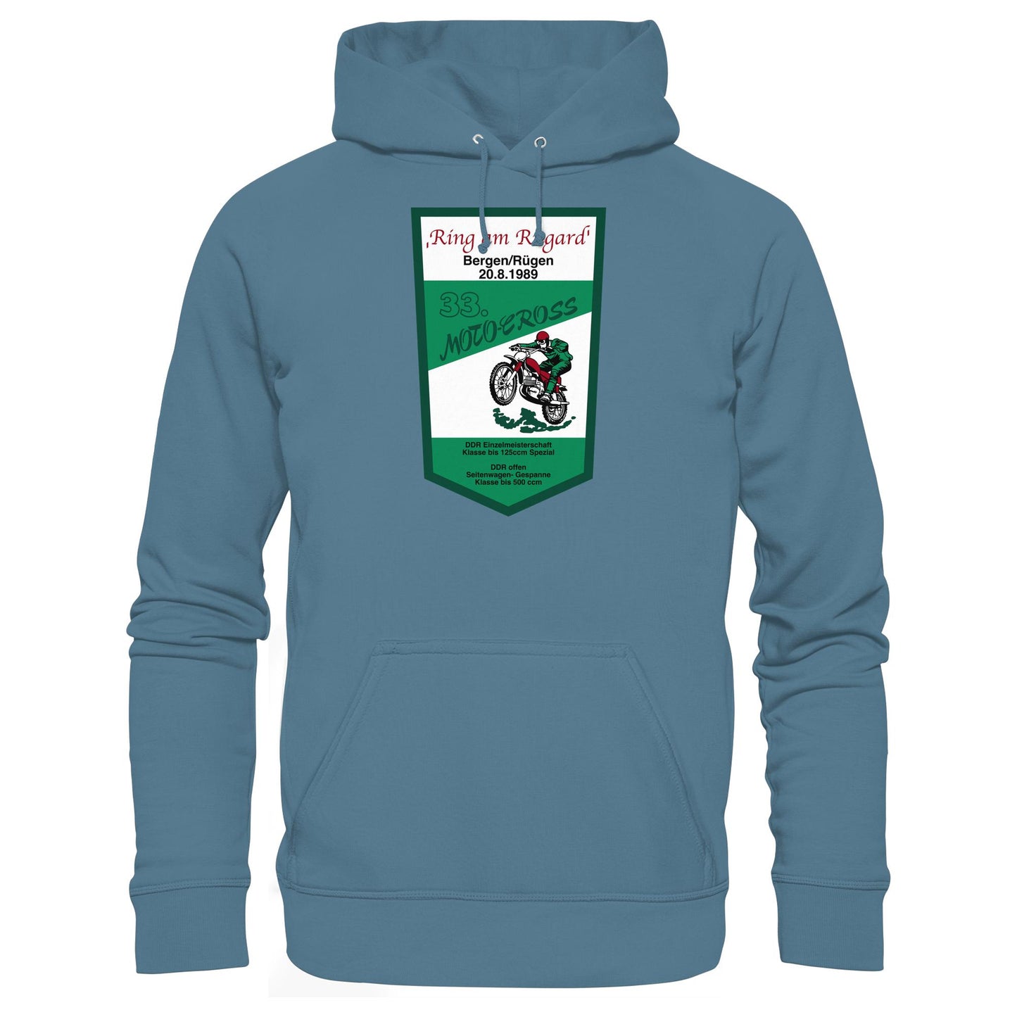 DDR Ostalgie Kapuze / Hoodie Unisex • RING AM RUGARD, RÜGEN 33. MOTO-CROSS-RENNEN 1989 (ORIGINAL-WIMPEL)