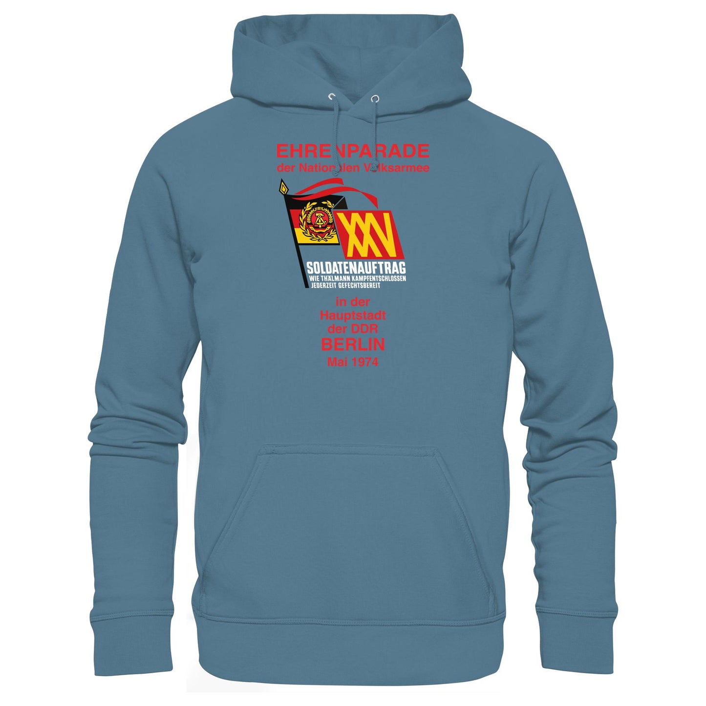 DDR Ostalgie Kapuze / Hoodie Unisex • EHRENPARADE DER NVA, 1974 BERLIN (ORIGINALWIMPEL)