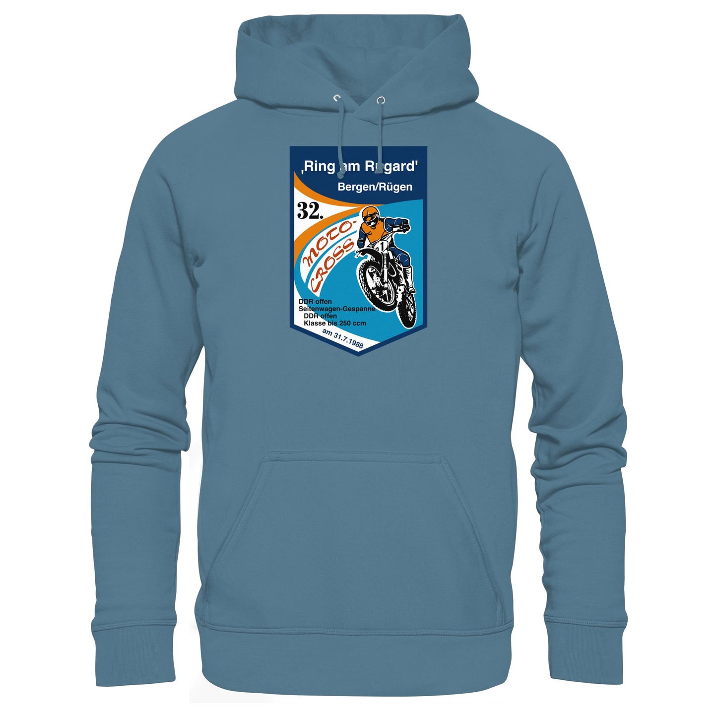 DDR Ostalgie Kapuze / Hoodie Unisex • RING AM RUGARD, RÜGEN 32. MOTO-CROSS-RENNEN 1988 (ORIGINAL-WIMPEL)