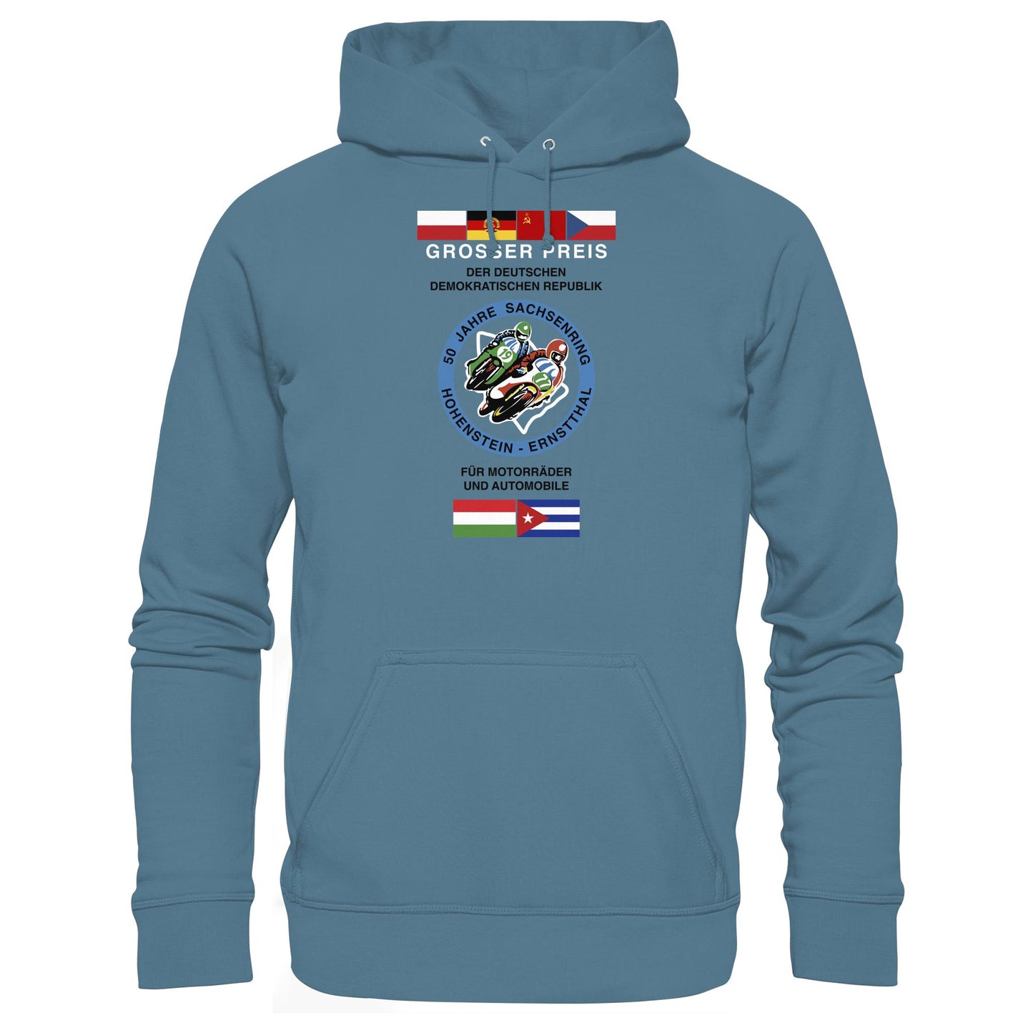 DDR Ostalgie Kapuze / Hoodie Unisex • 50 JAHRE SACHSENRING - GROSSER PREIS DER DDR 1977