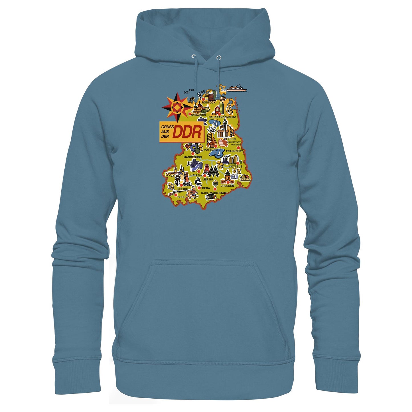 DDR Ostalgie Kapuze / Hoodie Unisex • GRUSS AUS DER DDR (ORIGINAL POSTKARTE)