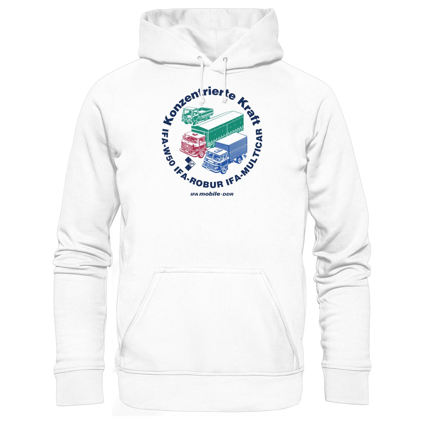 DDR Ostalgie Kapuze / Hoodie Unisex • IFA KONZENTRIERTE KRAFT - W50, ROBUR, MULTICAR (ORIGINAL WIMPELMOTIV)