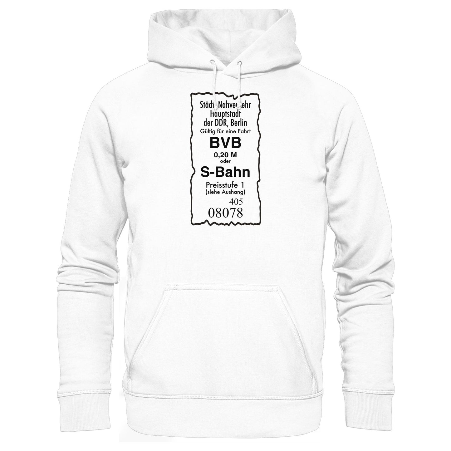DDR Ostalgie Kapuze / Hoodie Unisex • BVB BERLIN NAHVERKEHR, 20 PFENNIG (ORIGINAL FAHRSCHEIN 1989)