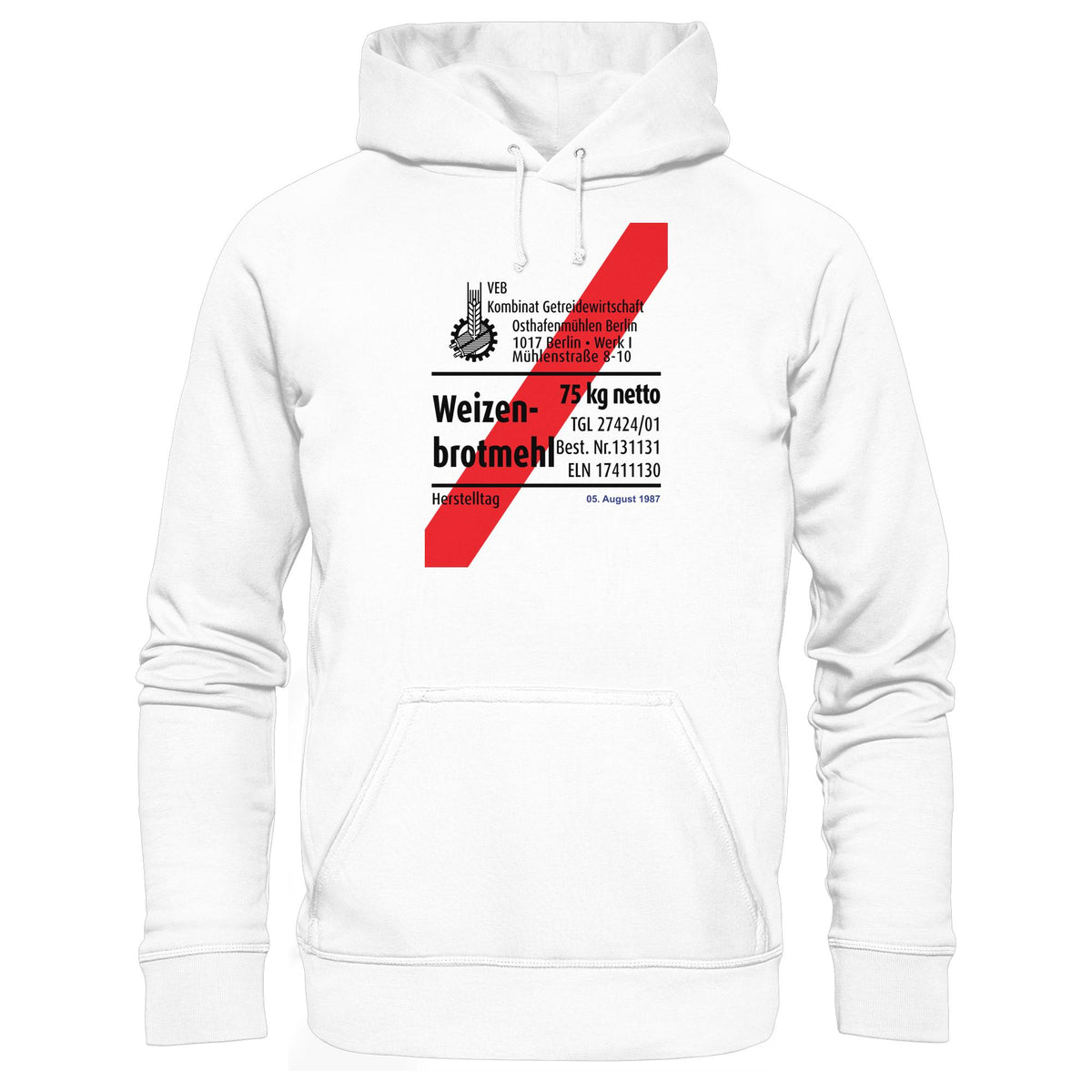DDR Ostalgie Kapuze / Hoodie Unisex • WEIZENMEHL - VEB KOMBINAT GETREIDEWIRTSCHAFT (ORIGINAL-VERPACKUNG)