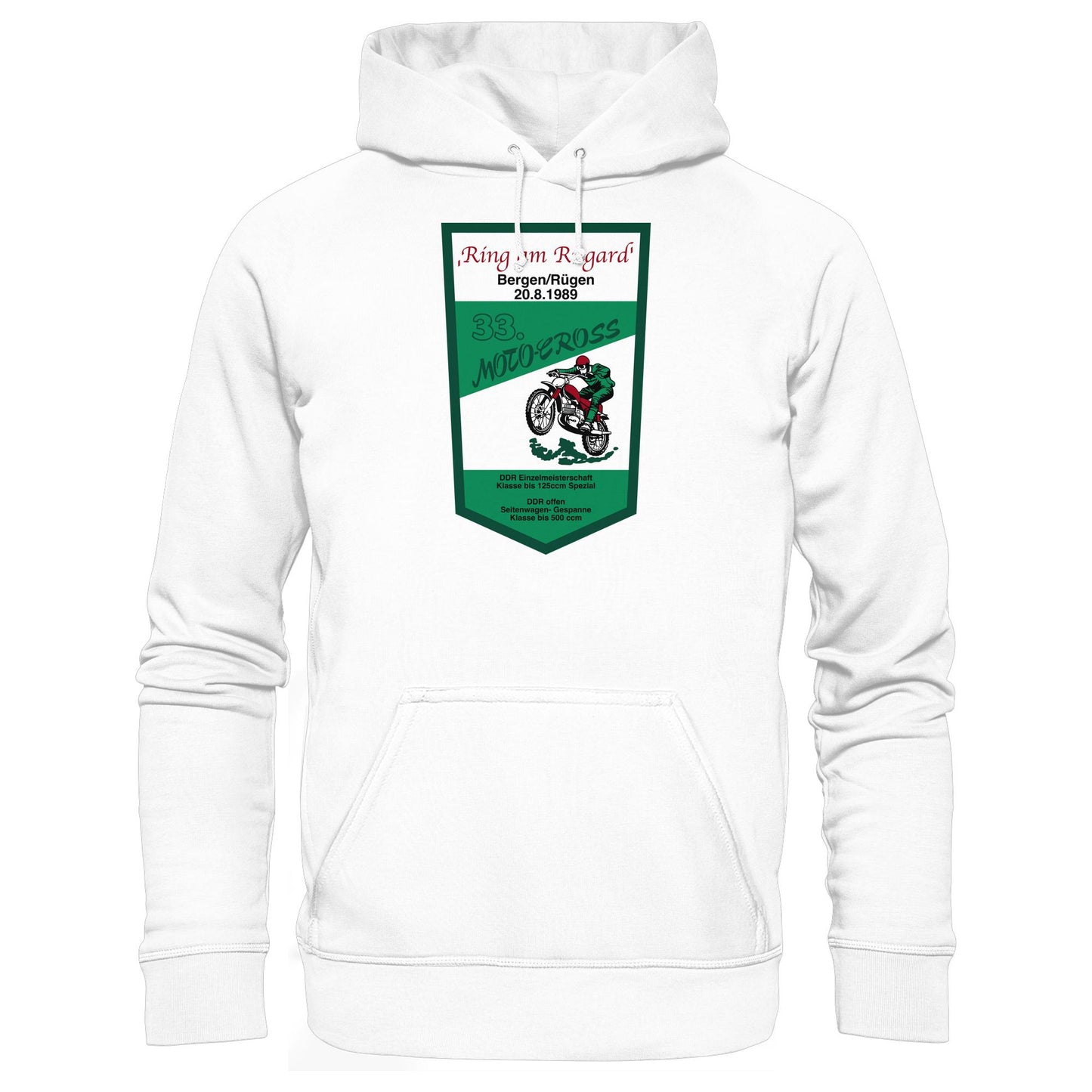 DDR Ostalgie Kapuze / Hoodie Unisex • RING AM RUGARD, RÜGEN 33. MOTO-CROSS-RENNEN 1989 (ORIGINAL-WIMPEL)