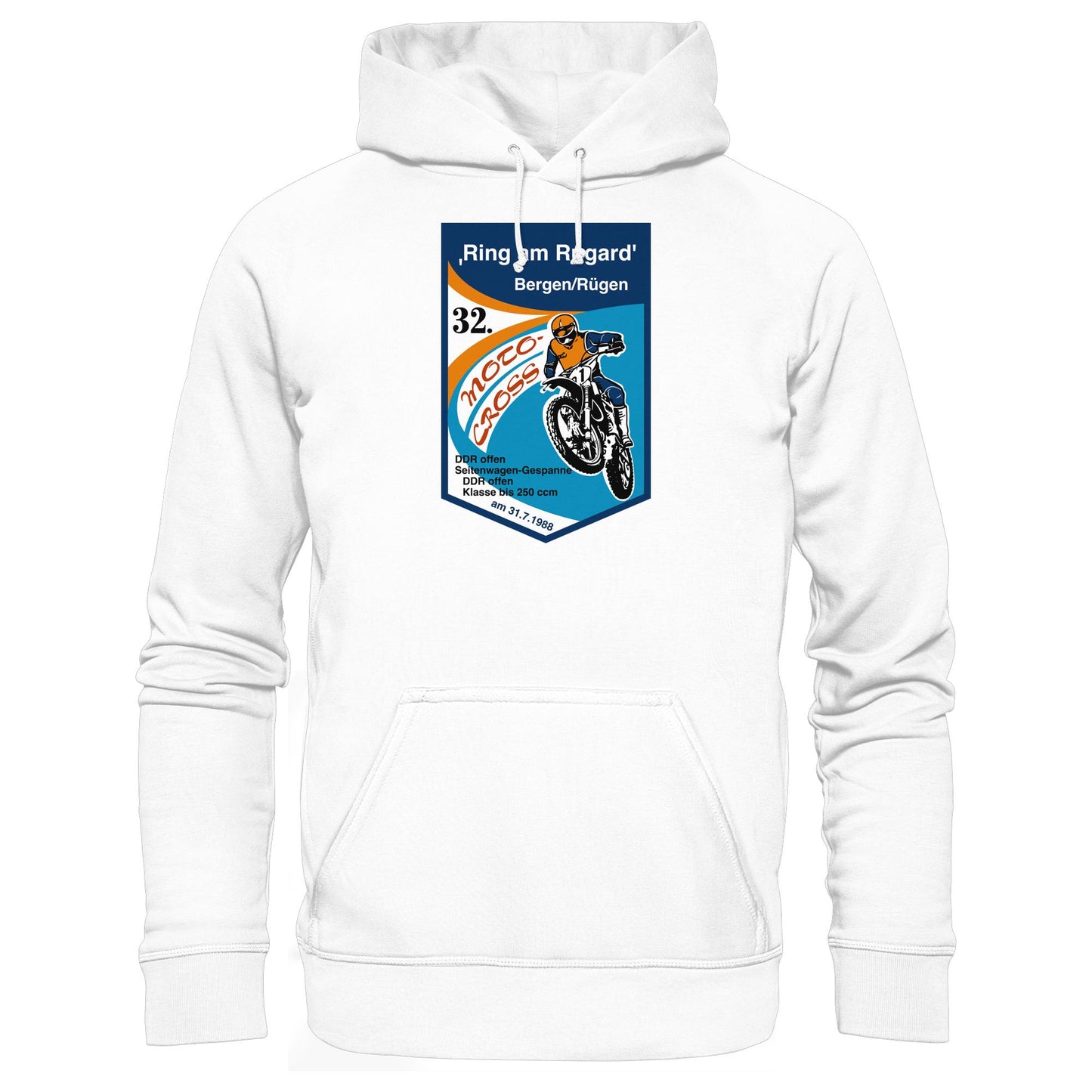 DDR Ostalgie Kapuze / Hoodie Unisex • RING AM RUGARD, RÜGEN 32. MOTO-CROSS-RENNEN 1988 (ORIGINAL-WIMPEL)