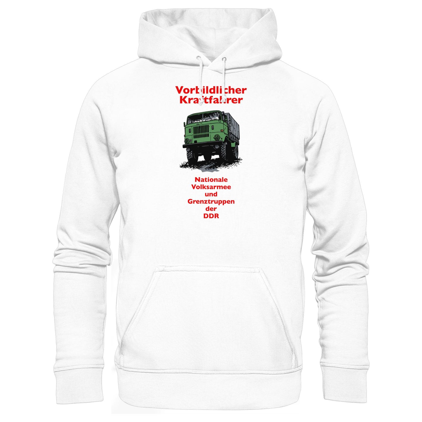 DDR Ostalgie Kapuze / Hoodie Unisex • VORBILDLICHER KRAFTFAHRER, NVA (ORIGINAL WIMPELMOTIV)