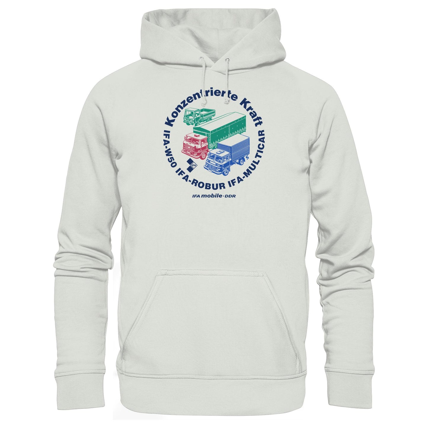 DDR Ostalgie Kapuze / Hoodie Unisex • IFA KONZENTRIERTE KRAFT - W50, ROBUR, MULTICAR (ORIGINAL WIMPELMOTIV)
