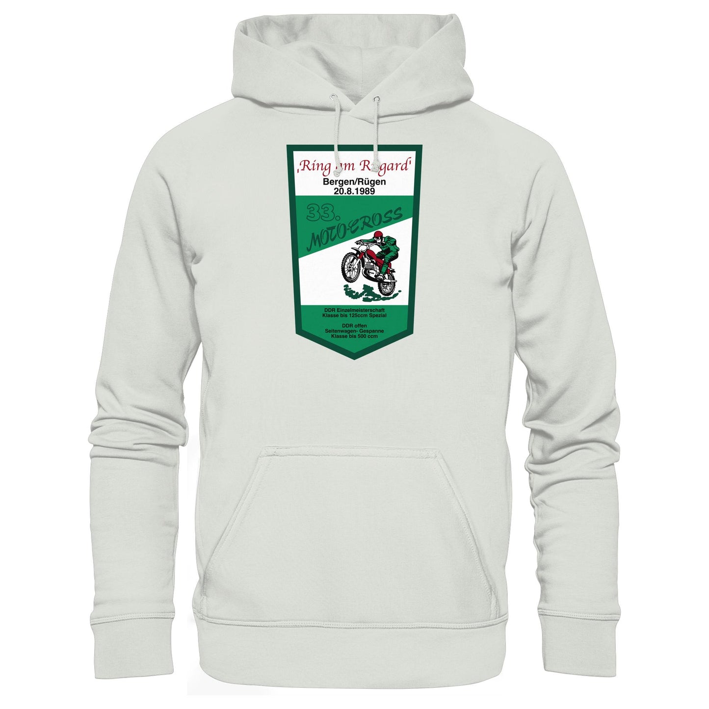 DDR Ostalgie Kapuze / Hoodie Unisex • RING AM RUGARD, RÜGEN 33. MOTO-CROSS-RENNEN 1989 (ORIGINAL-WIMPEL)