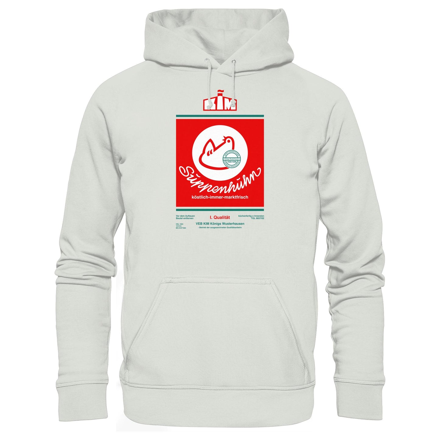 DDR Ostalgie Kapuze / Hoodie Unisex • SUPPENHUHN - VEB KIM KÖNIGS WUSTERHAUSEN