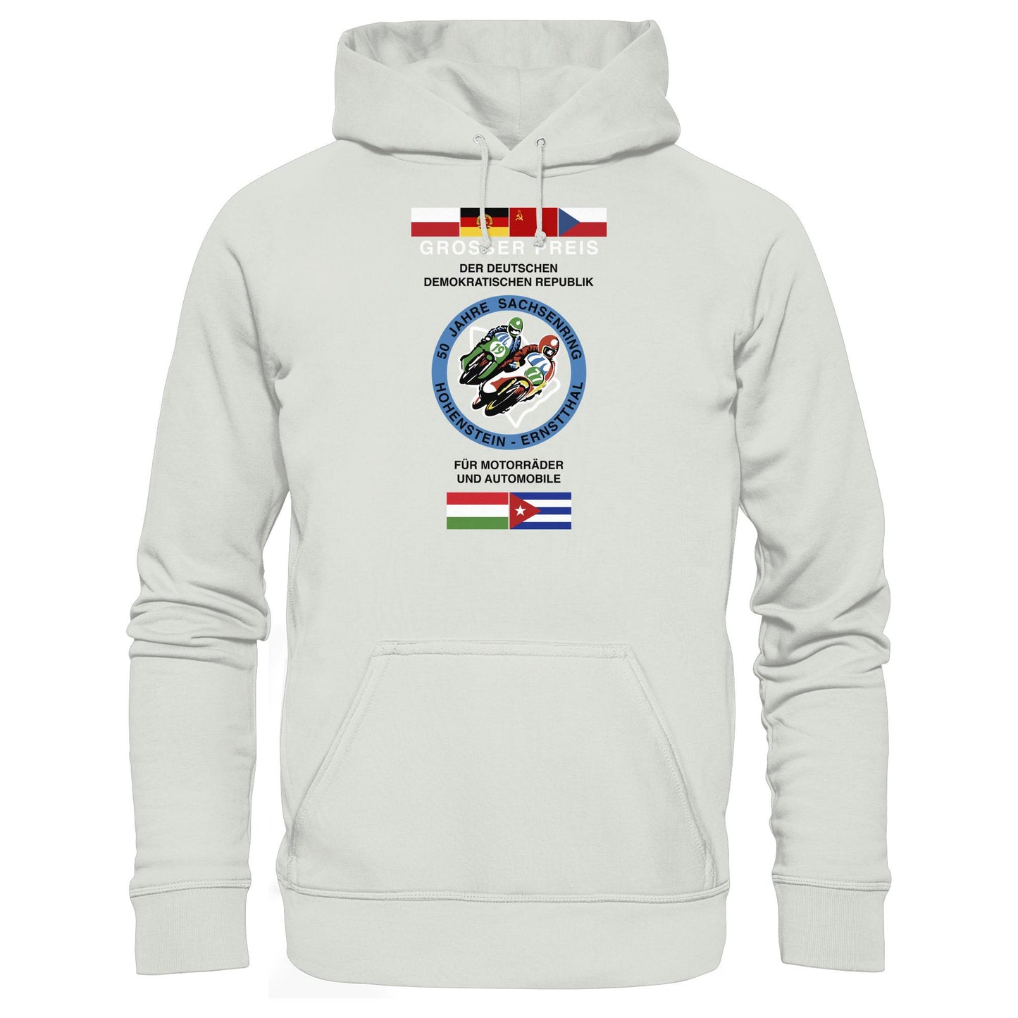 DDR Ostalgie Kapuze / Hoodie Unisex • 50 JAHRE SACHSENRING - GROSSER PREIS DER DDR 1977
