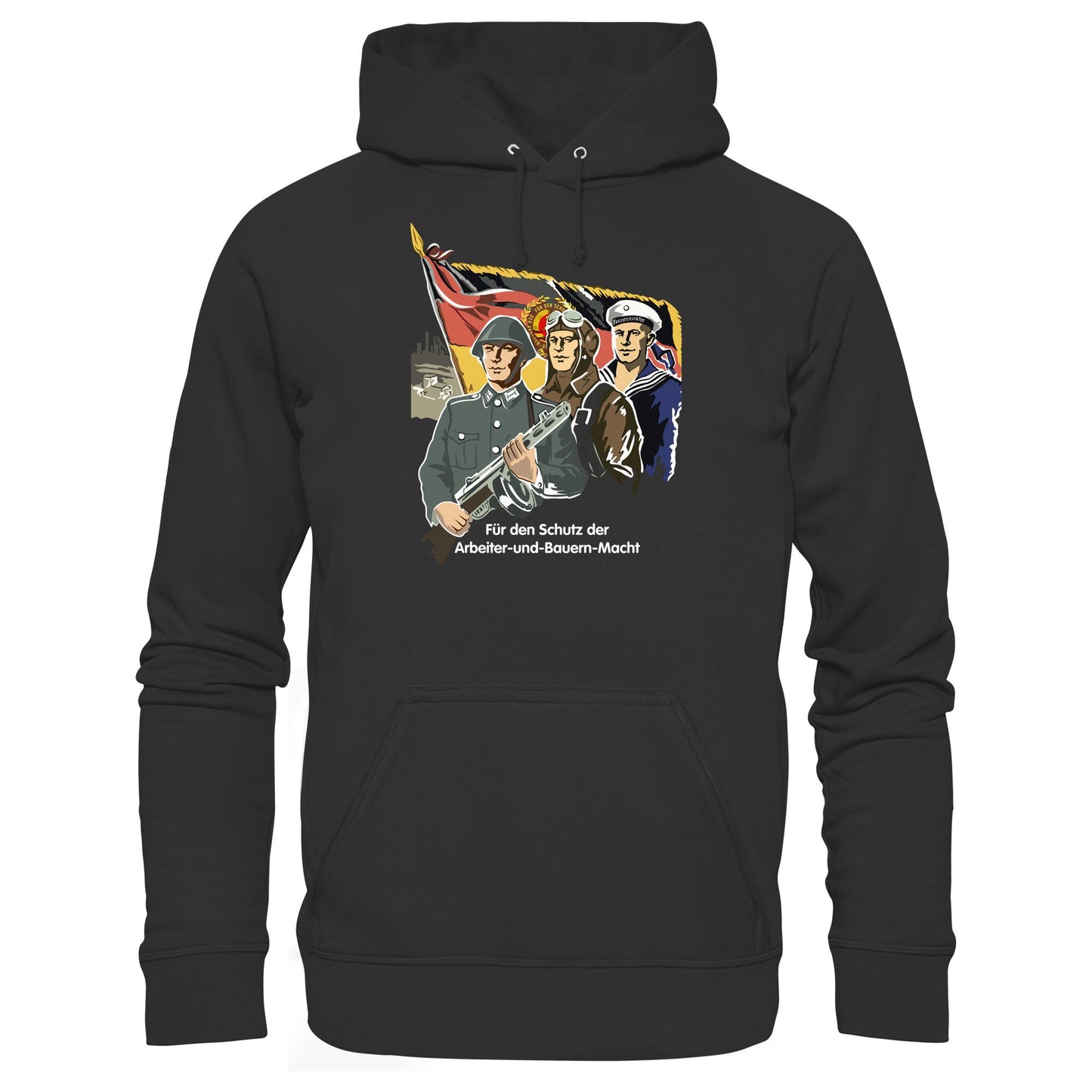 DDR Ostalgie Kapuze / Hoodie Unisex • FÜR DEN SCHUTZ DER ARBEITER-UND-BAUERN-MACHT (NVA ORIGINAL-PLAKAT)