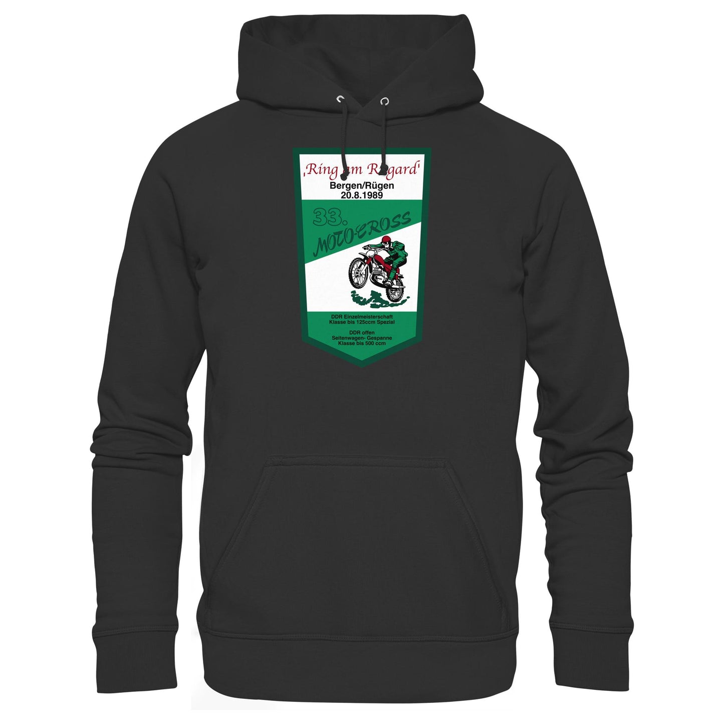 DDR Ostalgie Kapuze / Hoodie Unisex • RING AM RUGARD, RÜGEN 33. MOTO-CROSS-RENNEN 1989 (ORIGINAL-WIMPEL)