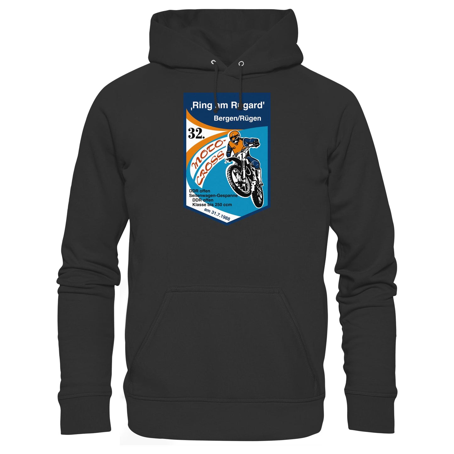 DDR Ostalgie Kapuze / Hoodie Unisex • RING AM RUGARD, RÜGEN 32. MOTO-CROSS-RENNEN 1988 (ORIGINAL-WIMPEL)