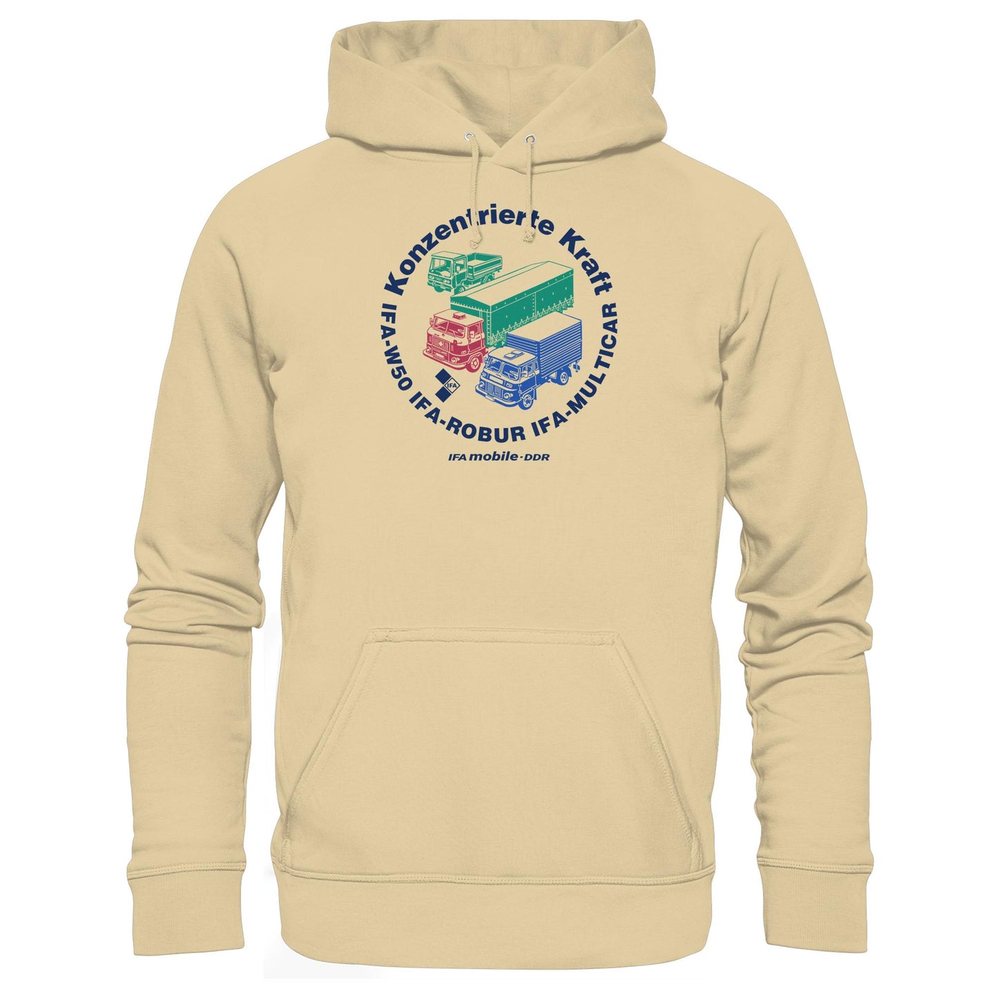 DDR Ostalgie Kapuze / Hoodie Unisex • IFA KONZENTRIERTE KRAFT - W50, ROBUR, MULTICAR (ORIGINAL WIMPELMOTIV)