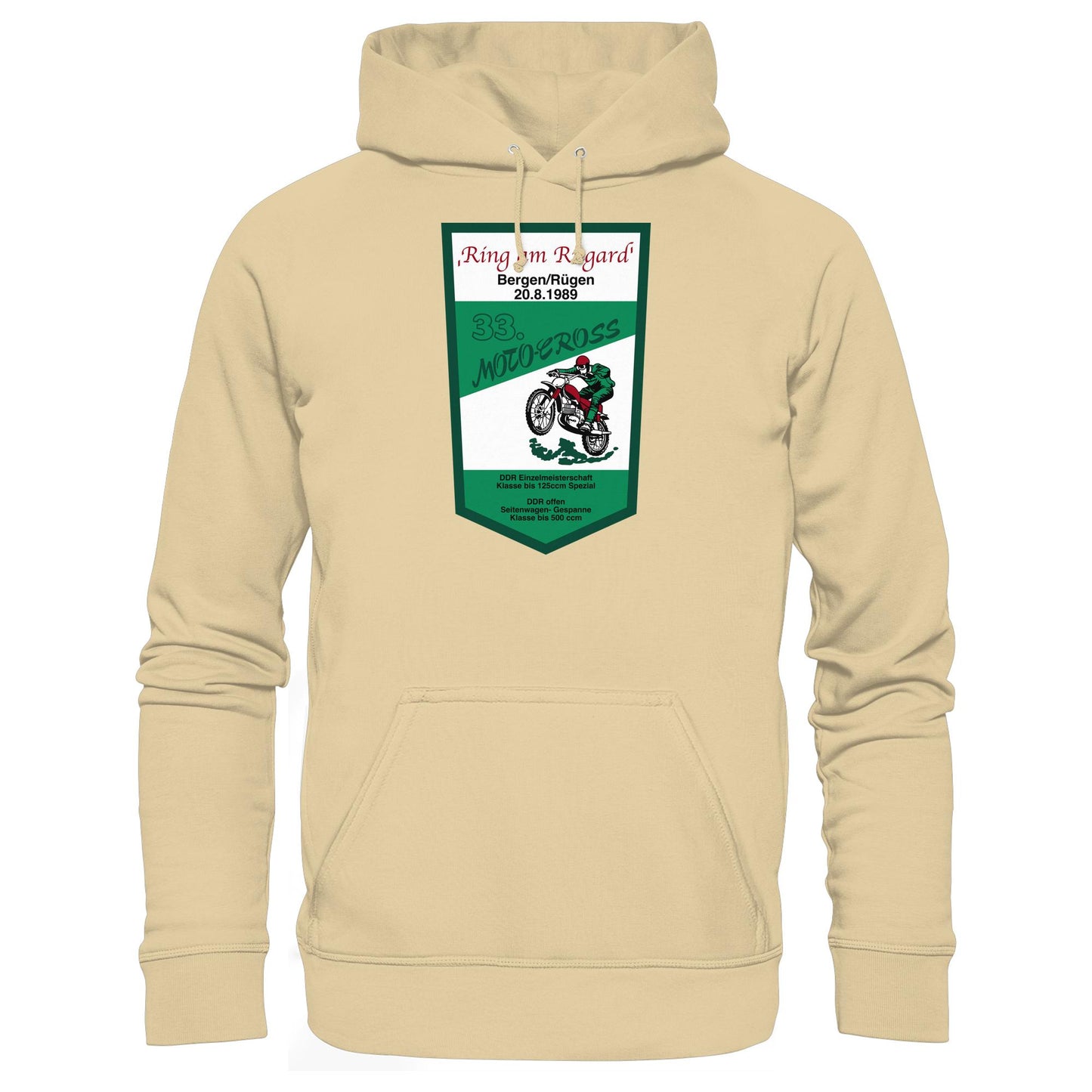DDR Ostalgie Kapuze / Hoodie Unisex • RING AM RUGARD, RÜGEN 33. MOTO-CROSS-RENNEN 1989 (ORIGINAL-WIMPEL)