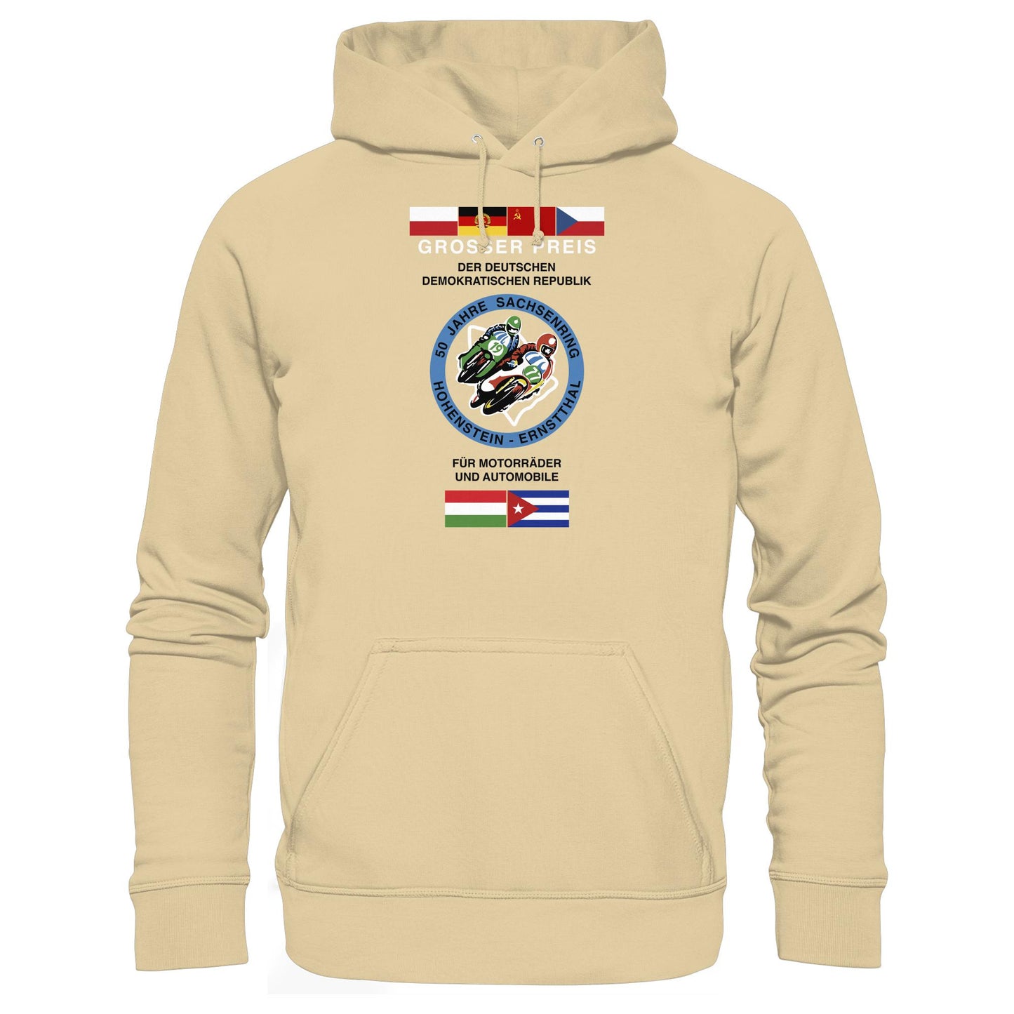 DDR Ostalgie Kapuze / Hoodie Unisex • 50 JAHRE SACHSENRING - GROSSER PREIS DER DDR 1977