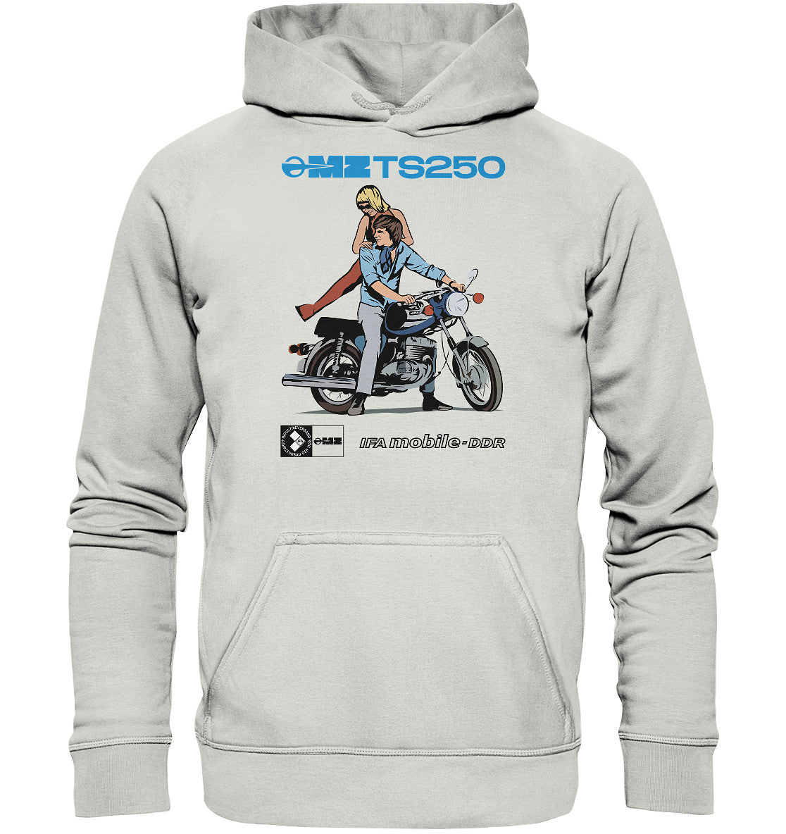 DDR Ostalgie Kapuze / Hoodie Unisex • MZ TS 250 BLAU (ORIGINAL DDR-PLAKAT)
