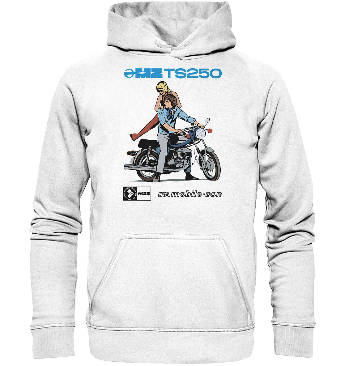DDR Ostalgie Kapuze / Hoodie Unisex • MZ TS 250 BLAU (ORIGINAL DDR-PLAKAT)