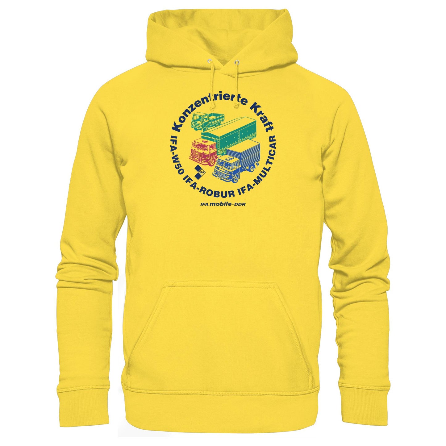DDR Ostalgie Kapuze / Hoodie Unisex • IFA KONZENTRIERTE KRAFT - W50, ROBUR, MULTICAR (ORIGINAL WIMPELMOTIV)