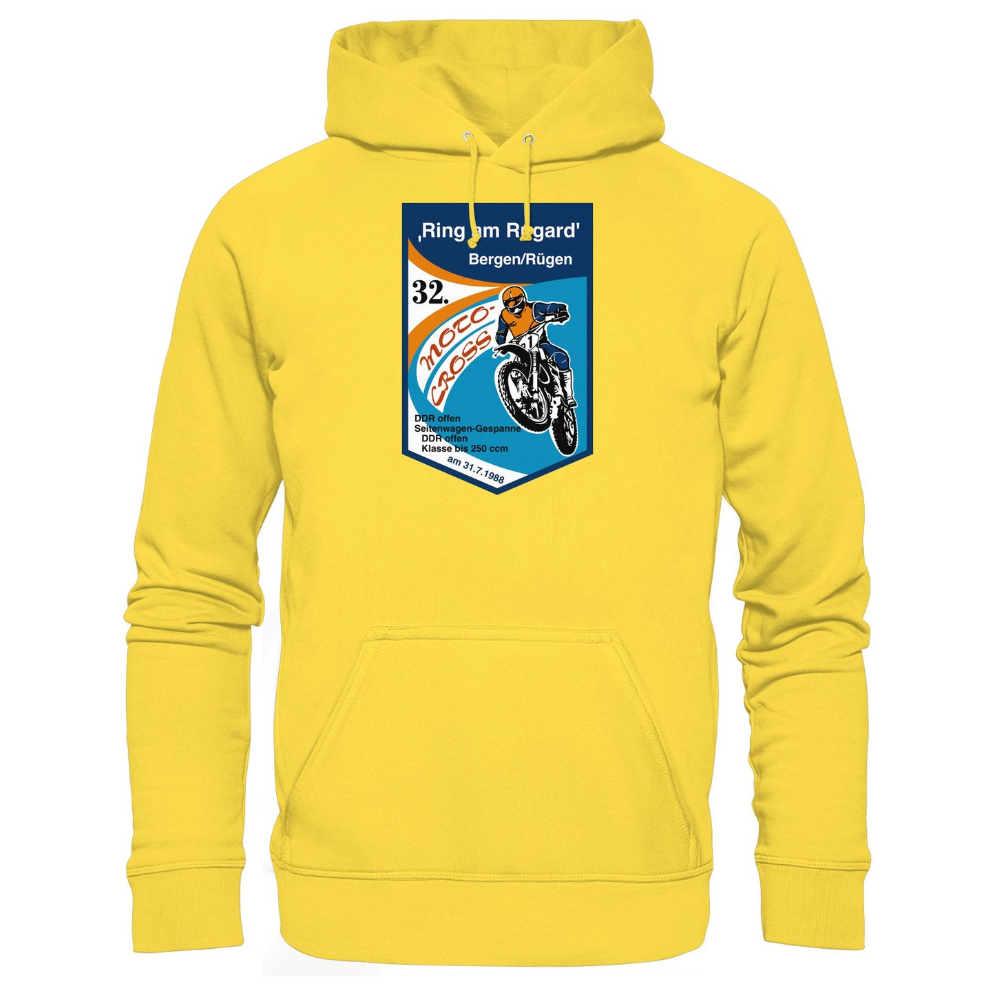 DDR Ostalgie Kapuze / Hoodie Unisex • RING AM RUGARD, RÜGEN 32. MOTO-CROSS-RENNEN 1988 (ORIGINAL-WIMPEL)
