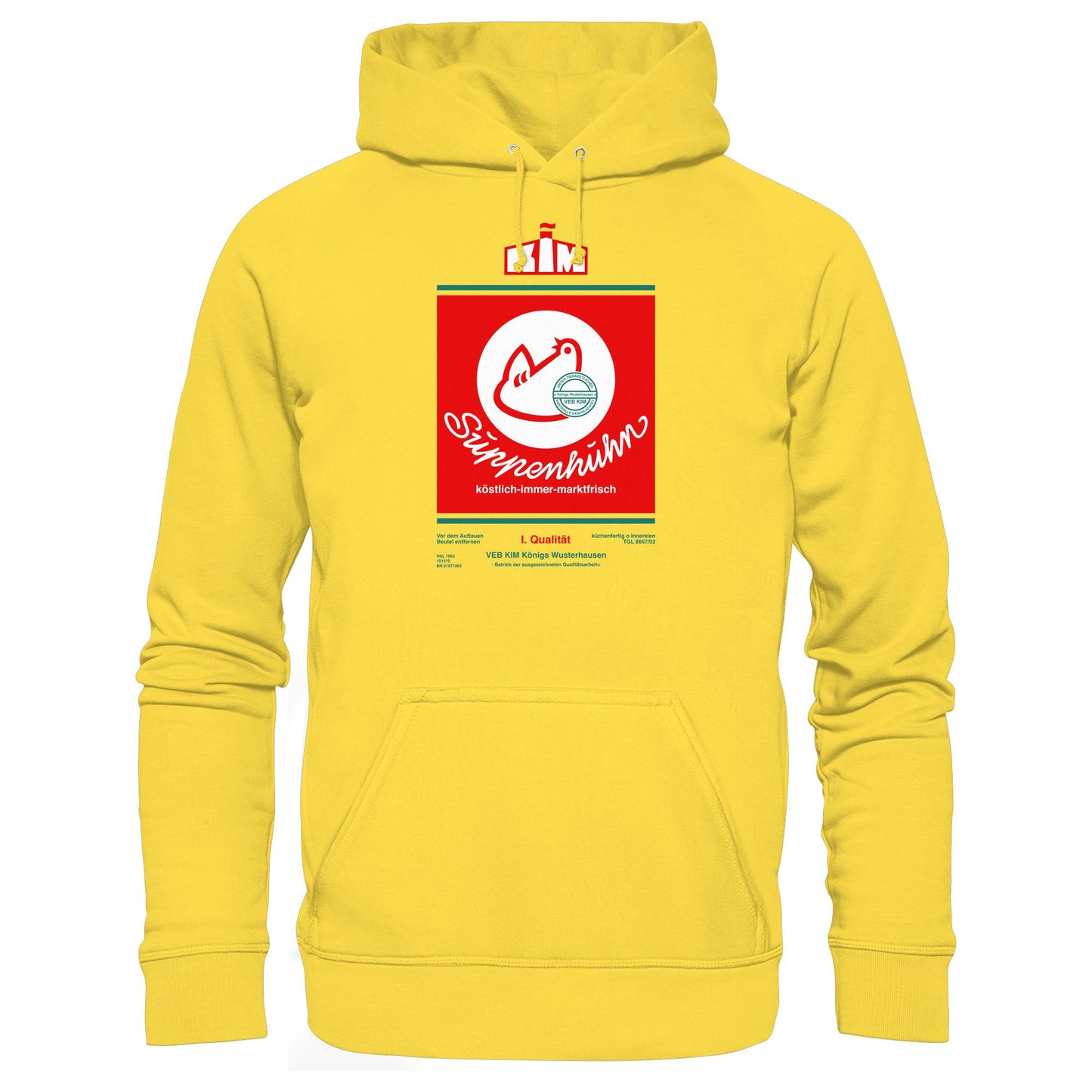DDR Ostalgie Kapuze / Hoodie Unisex • SUPPENHUHN - VEB KIM KÖNIGS WUSTERHAUSEN