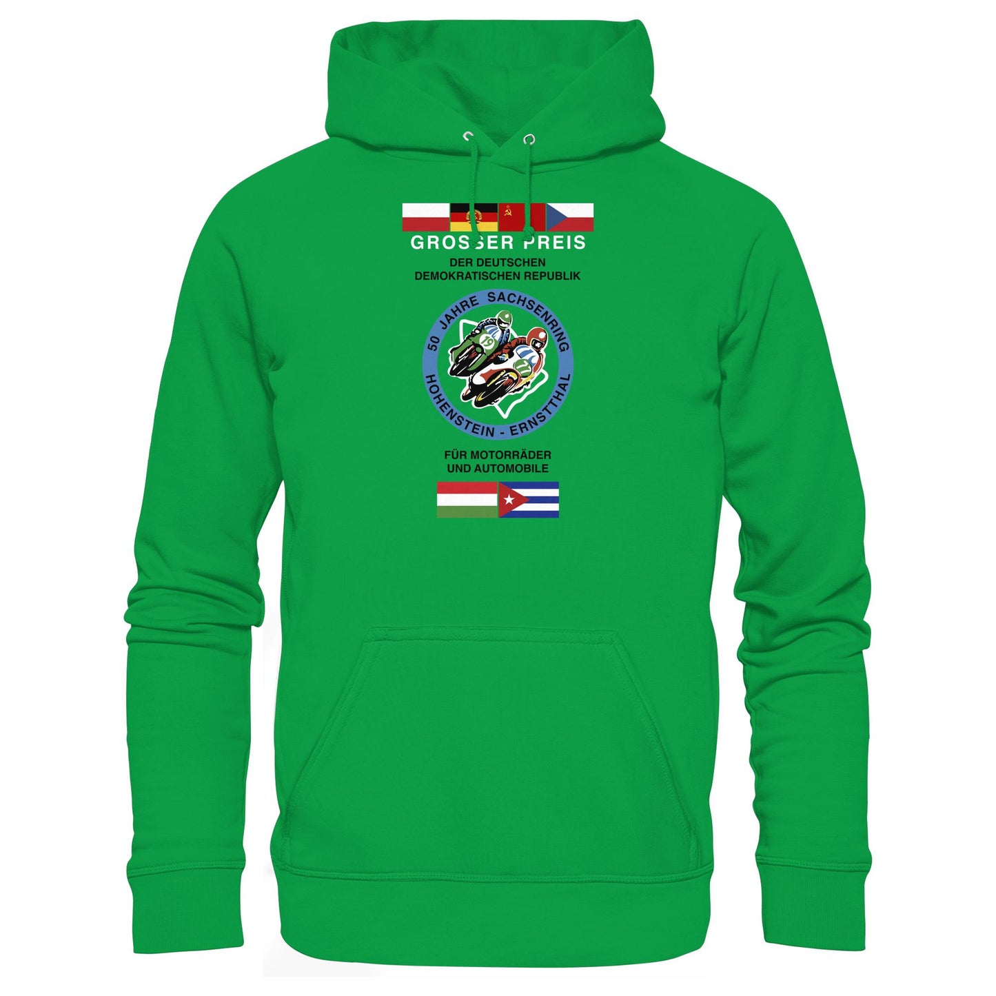 DDR Ostalgie Kapuze / Hoodie Unisex • 50 JAHRE SACHSENRING - GROSSER PREIS DER DDR 1977