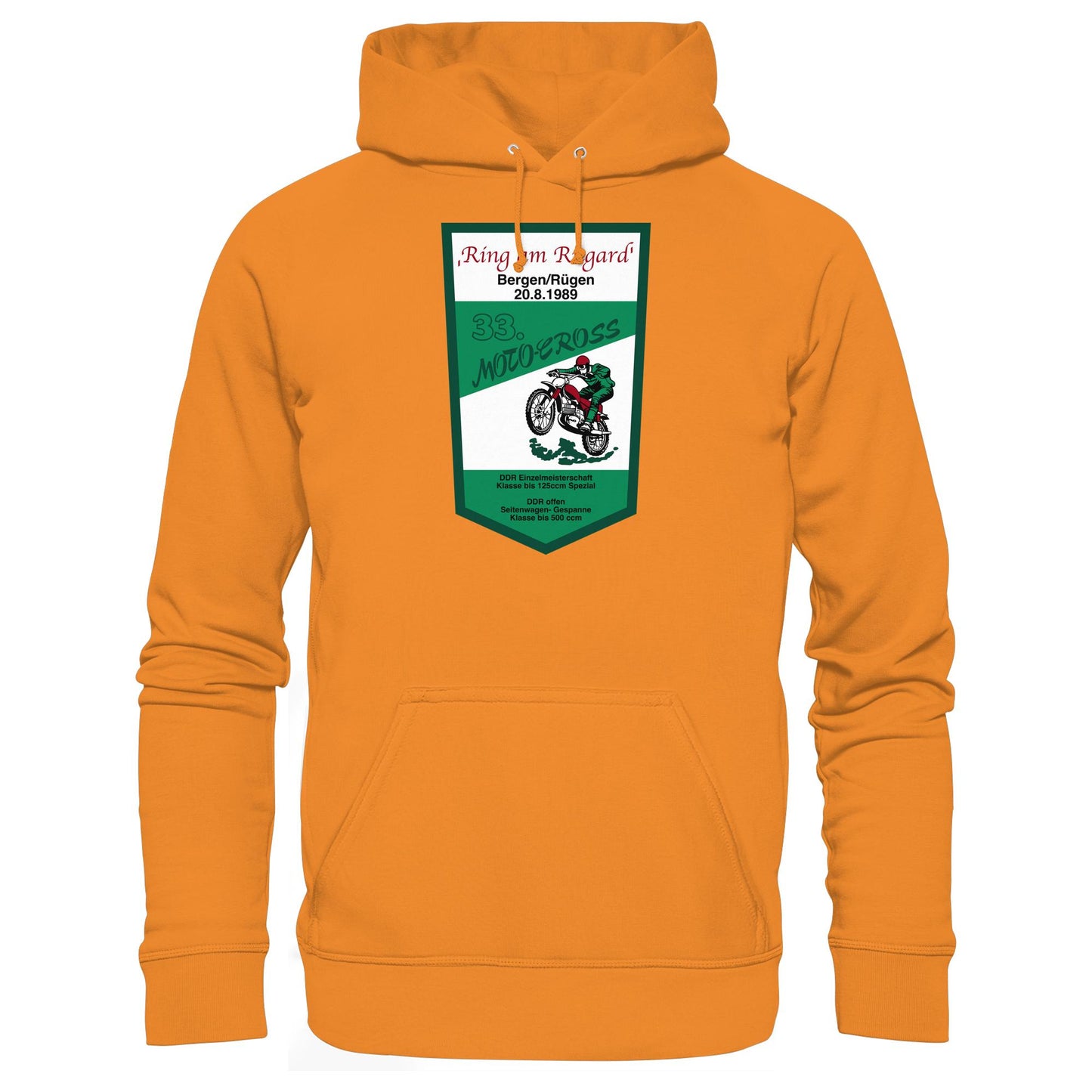 DDR Ostalgie Kapuze / Hoodie Unisex • RING AM RUGARD, RÜGEN 33. MOTO-CROSS-RENNEN 1989 (ORIGINAL-WIMPEL)