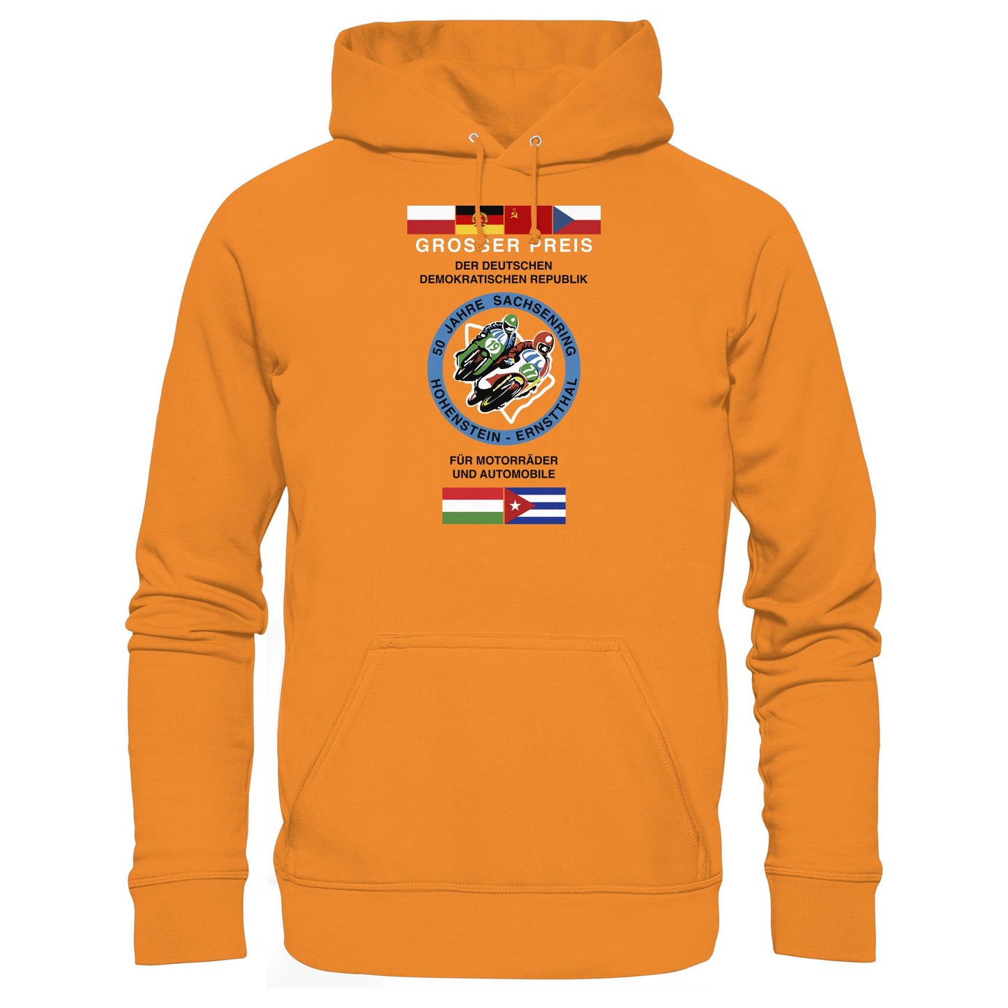 DDR Ostalgie Kapuze / Hoodie Unisex • 50 JAHRE SACHSENRING - GROSSER PREIS DER DDR 1977