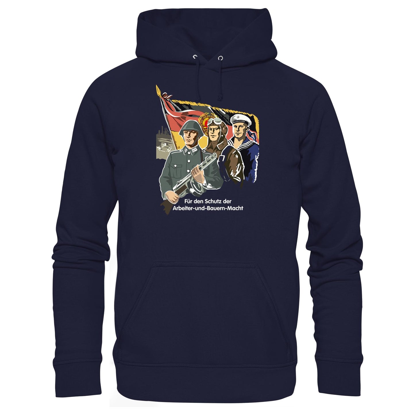 DDR Ostalgie Kapuze / Hoodie Unisex • FÜR DEN SCHUTZ DER ARBEITER-UND-BAUERN-MACHT (NVA ORIGINAL-PLAKAT)