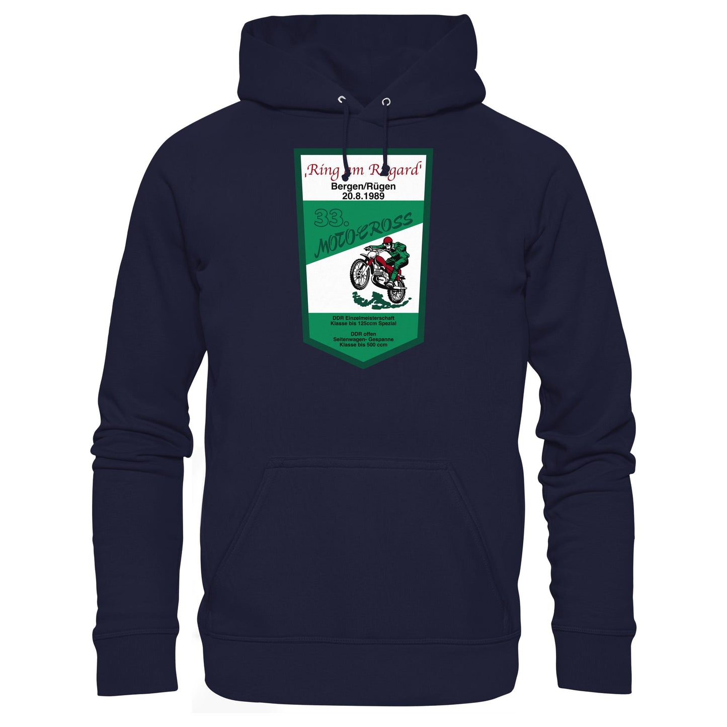 DDR Ostalgie Kapuze / Hoodie Unisex • RING AM RUGARD, RÜGEN 33. MOTO-CROSS-RENNEN 1989 (ORIGINAL-WIMPEL)