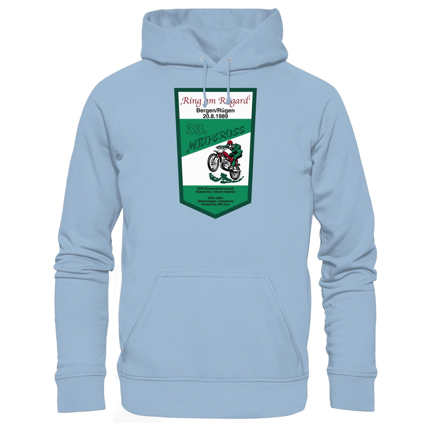 DDR Ostalgie Kapuze / Hoodie Unisex • RING AM RUGARD, RÜGEN 33. MOTO-CROSS-RENNEN 1989 (ORIGINAL-WIMPEL)