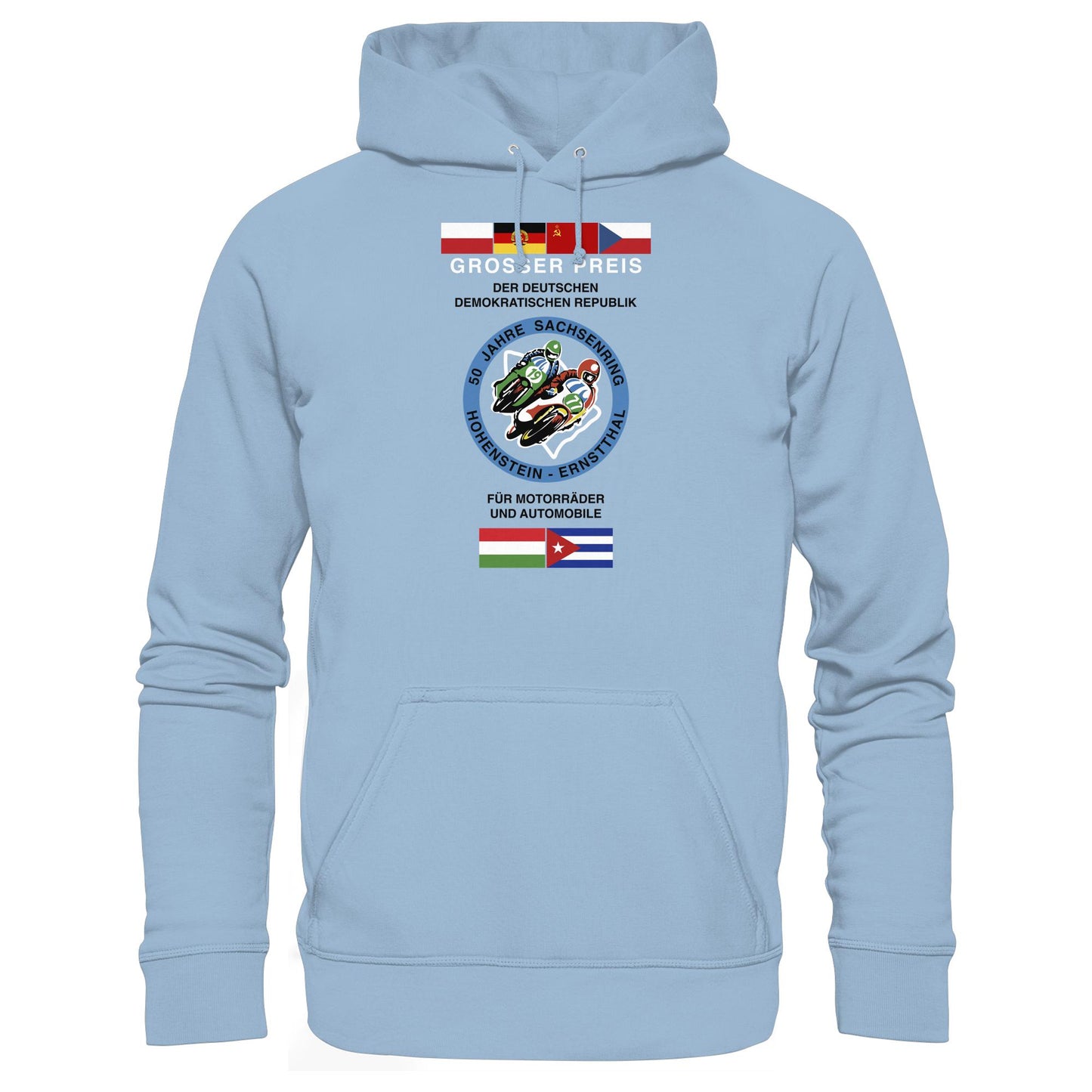 DDR Ostalgie Kapuze / Hoodie Unisex • 50 JAHRE SACHSENRING - GROSSER PREIS DER DDR 1977