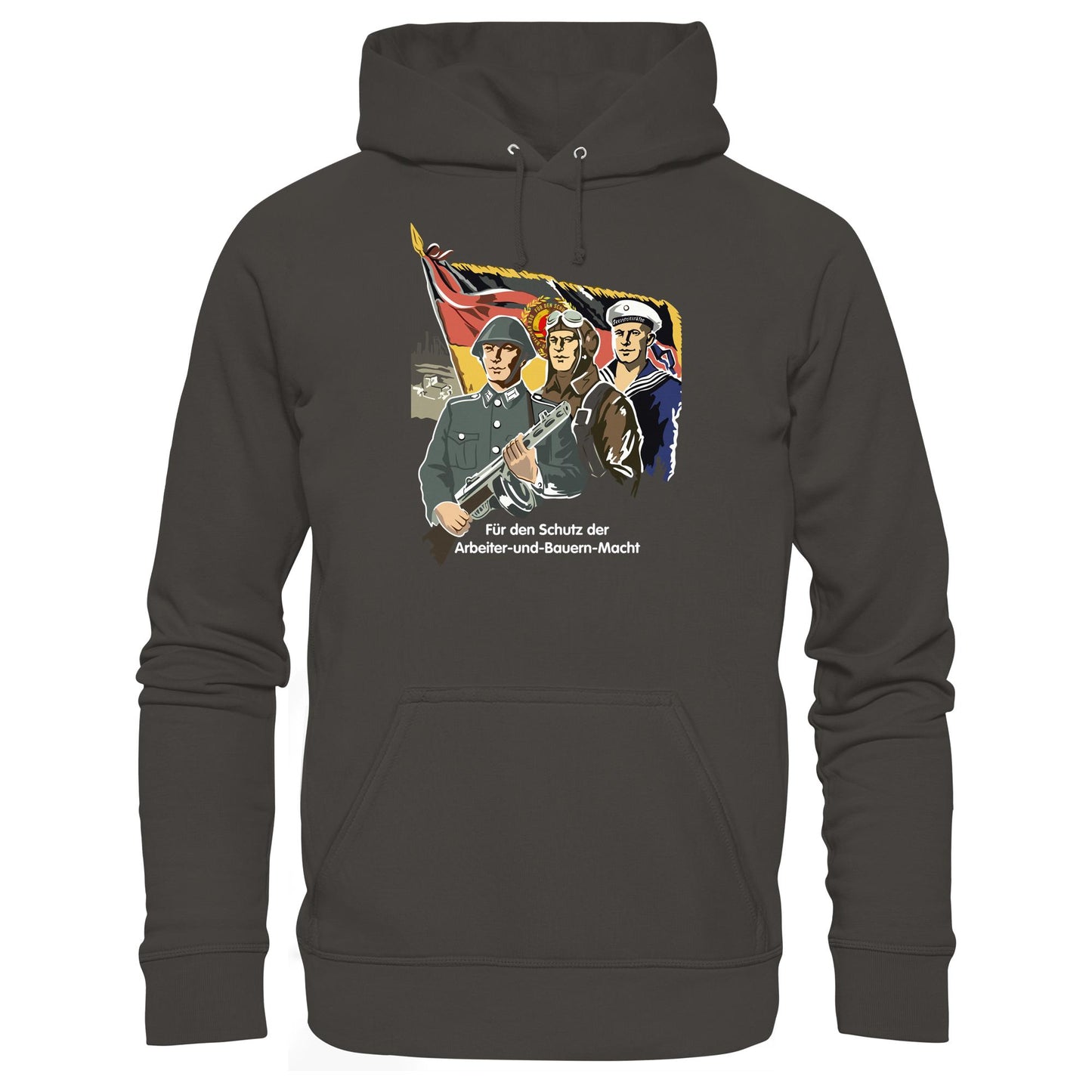 DDR Ostalgie Kapuze / Hoodie Unisex • FÜR DEN SCHUTZ DER ARBEITER-UND-BAUERN-MACHT (NVA ORIGINAL-PLAKAT)
