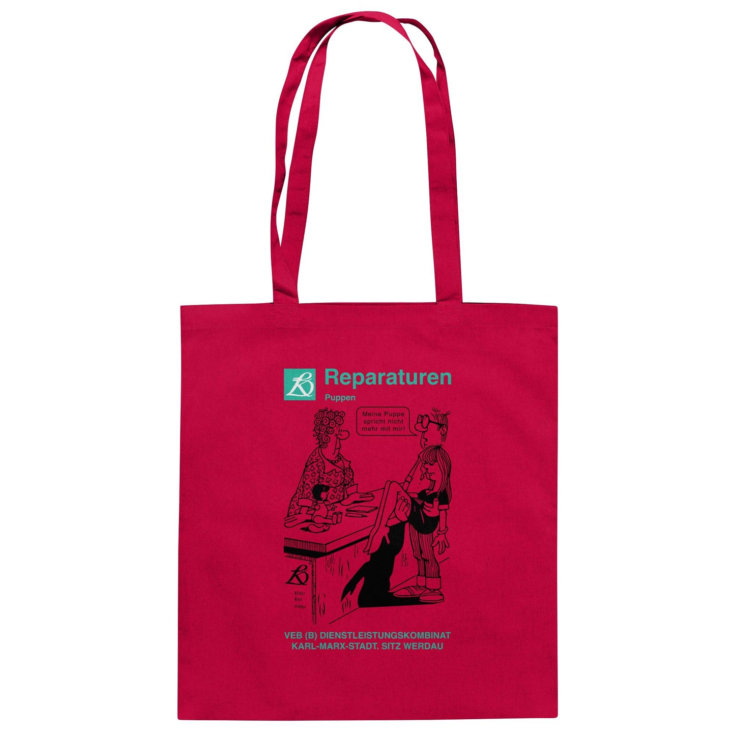 DDR Ostalgie Baumwolltasche • VEB REPARATUREN, PUPPEN, WERDAU - KARL-MARX-STADT (ORIGINAL POSTER)