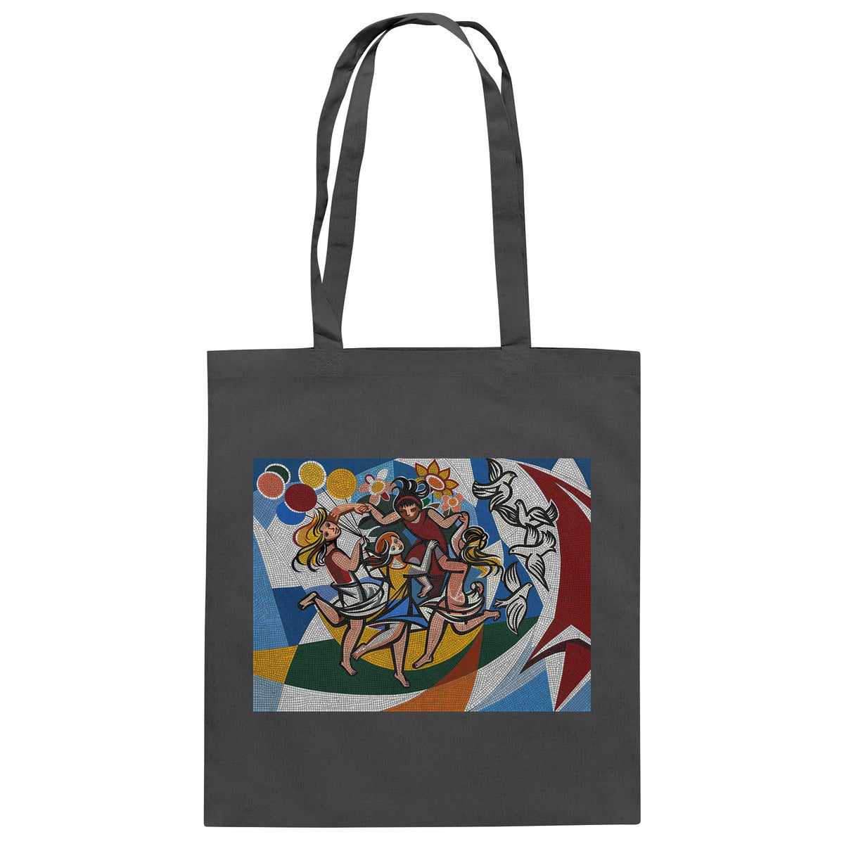 DDR Ostalgie Baumwolltasche • WALTER WOMACKA - TANZENDE MÄDCHEN MIT FRIEDENSTAUBEN MIT MOSAIK-HINTERGRUND (HAUS DES LEHRERS, 1964)