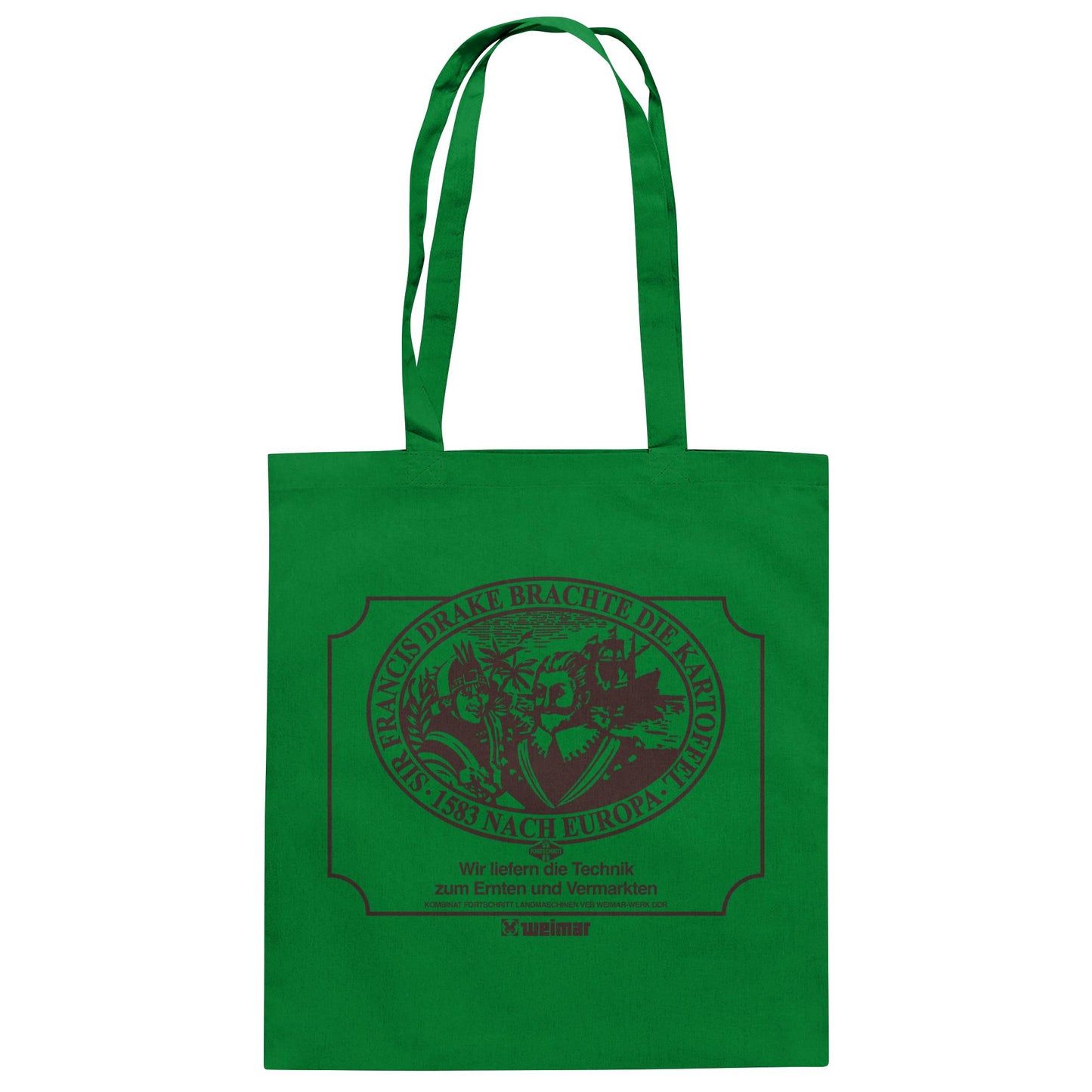 DDR Ostalgie Baumwolltasche • FRANCIS DRAKE BRACHTE DIE KARTOFFEL - KOMBINAT FORTSCHRITT WEIMAR