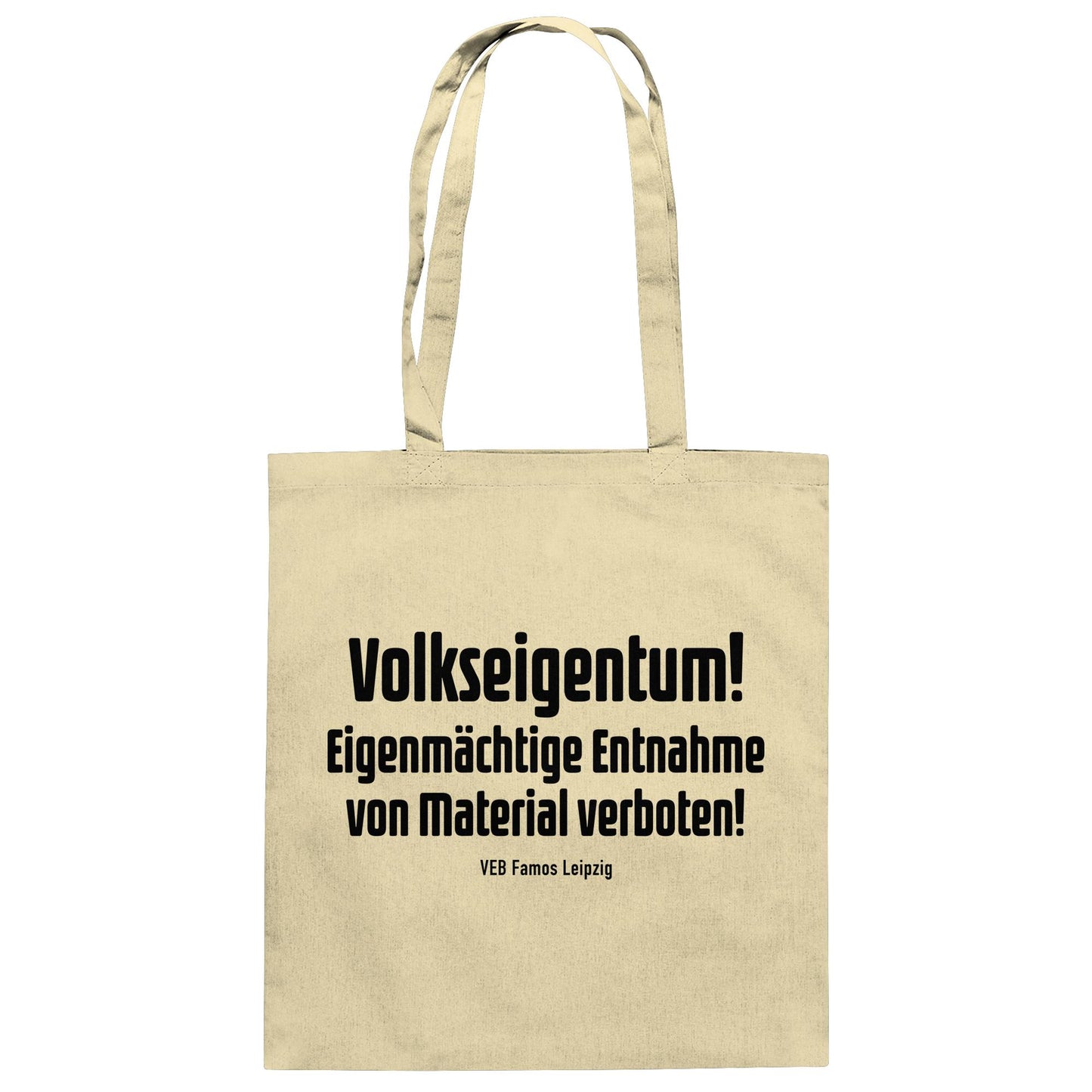 DDR Ostalgie Baumwolltasche • VOLKSEIGENTUM! (HINWEIS-SCHILD VEB FAMOS LEIPZIG)