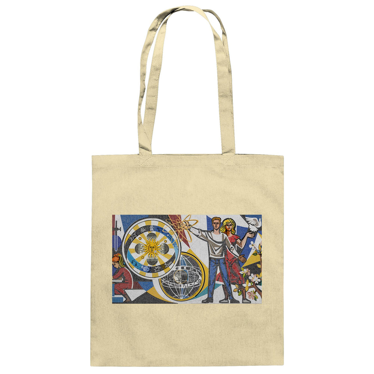 DDR Ostalgie Baumwolltasche • WALTER WOMACKA - JUNGES PAAR MIT FRIEDENSTAUBE (MOSAIK HAUS DES LEHRERS, 1964)